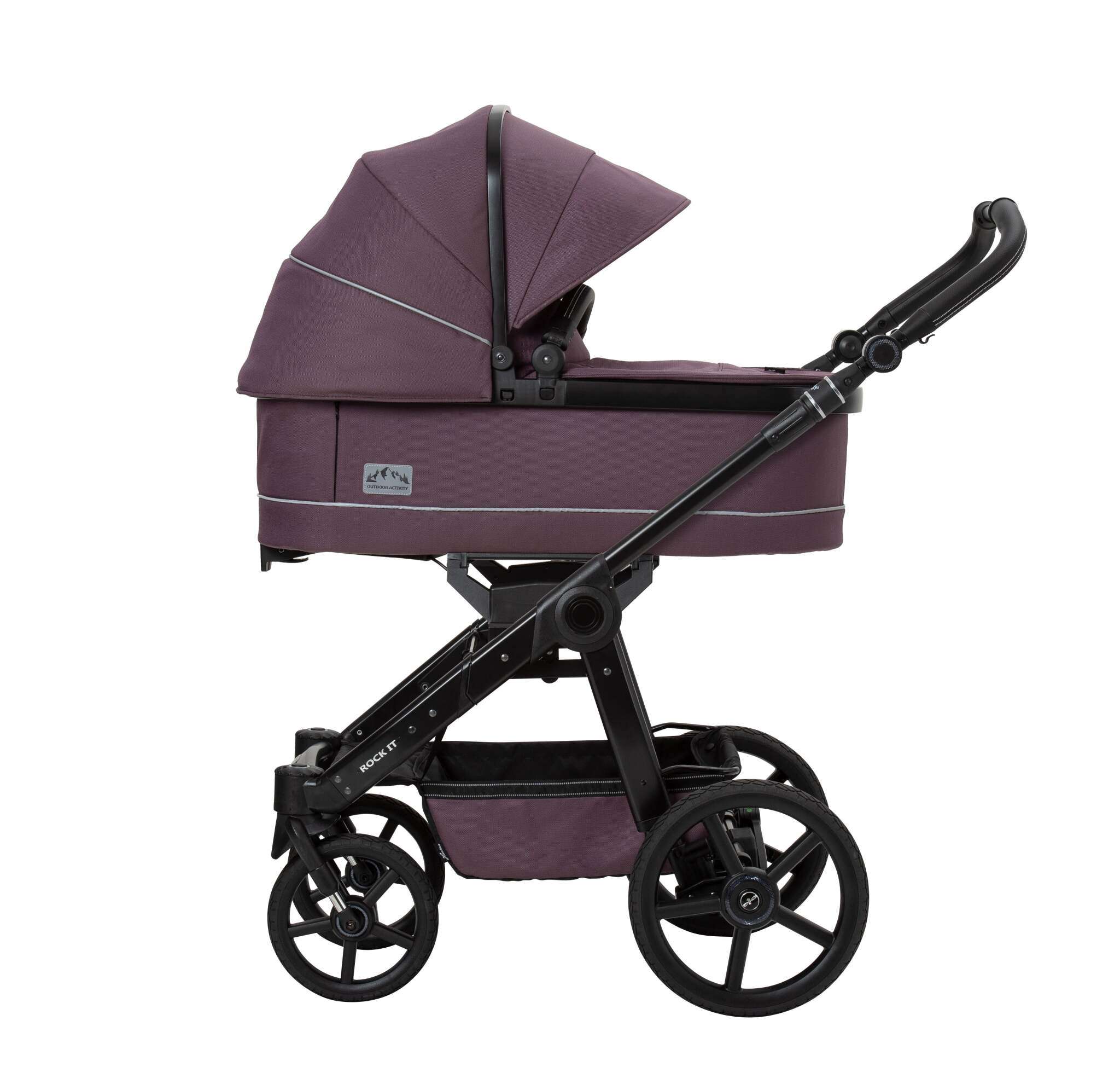Rock IT GTR Outdoor Gestell. 703 / Amethyst + Falttasche mit ausgeklapptem Verdeck.
Seitenansicht.