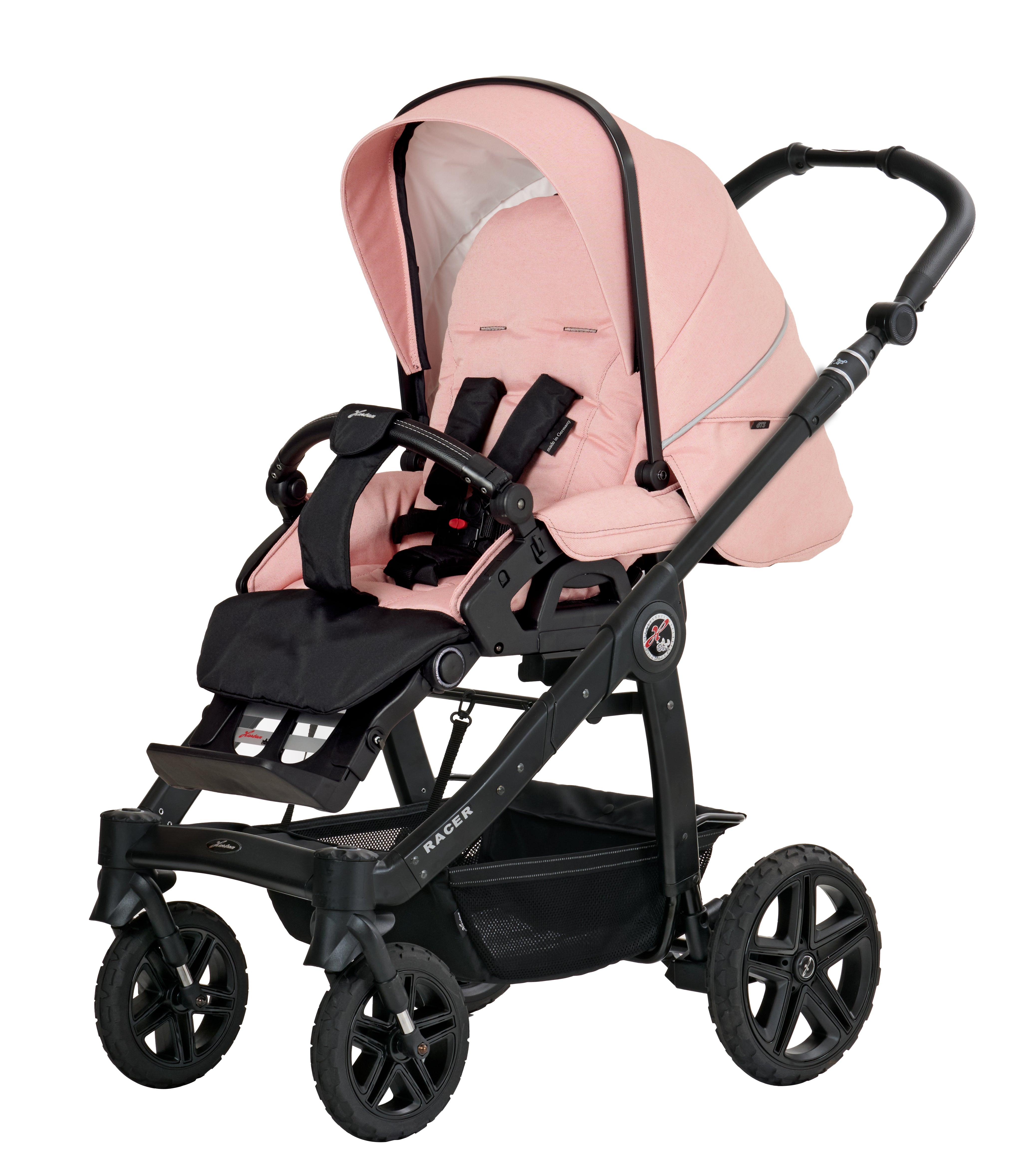 Racer GTS Sportwagen  627 / Peach Blossom mit verstellbarem Sportsitz und großem Sonnenverdeck.
Verdeck halb ausgeklappt
Schwarzer Schutzbügel und Handgriff
Schwarzes Gestell.
Schräge Vorderansicht.