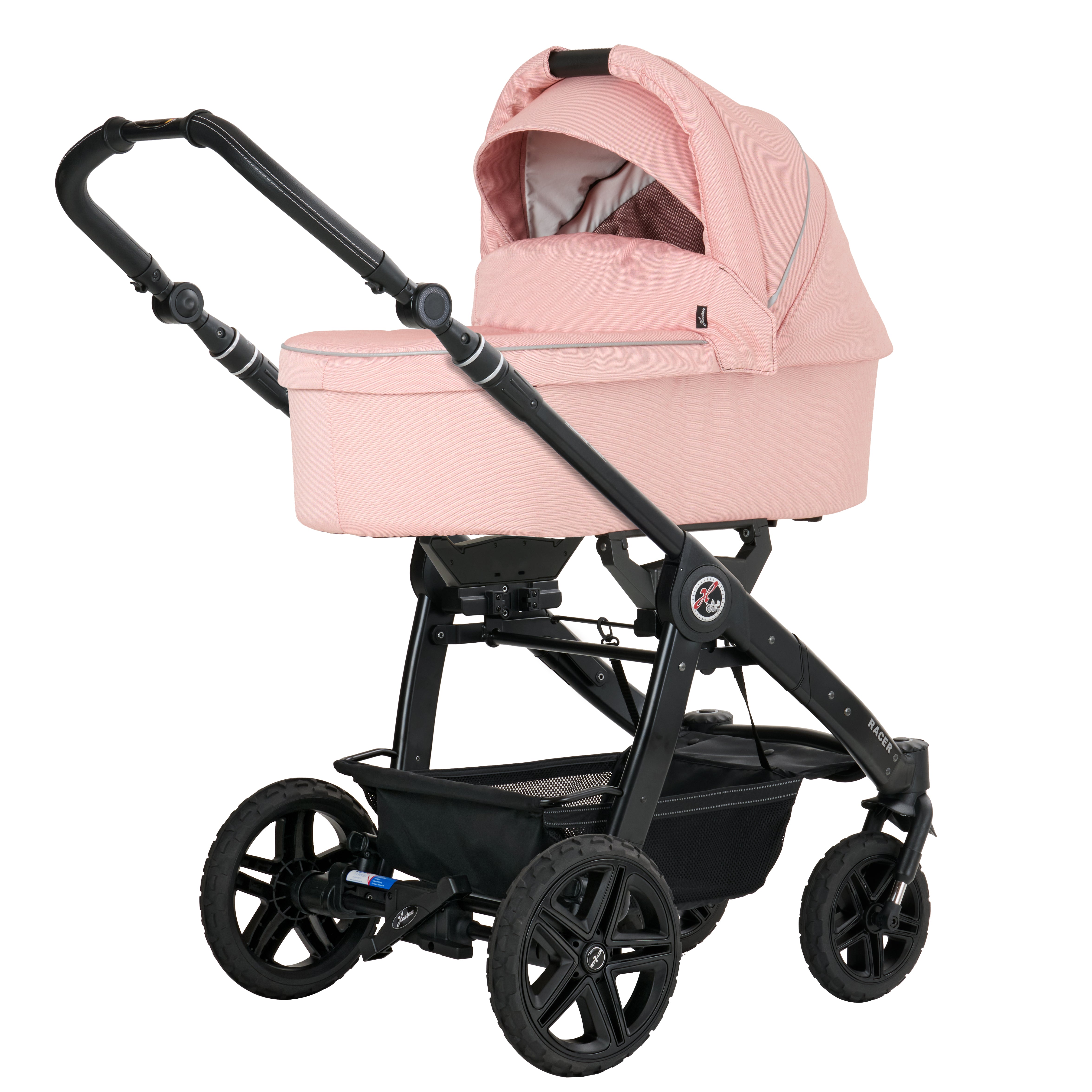 Racer GTS  627 / Peach Blossom mit Falttasche.
Schwarzes Gestell mit schwarzem Handgriff.
Schräge Vorderansicht.