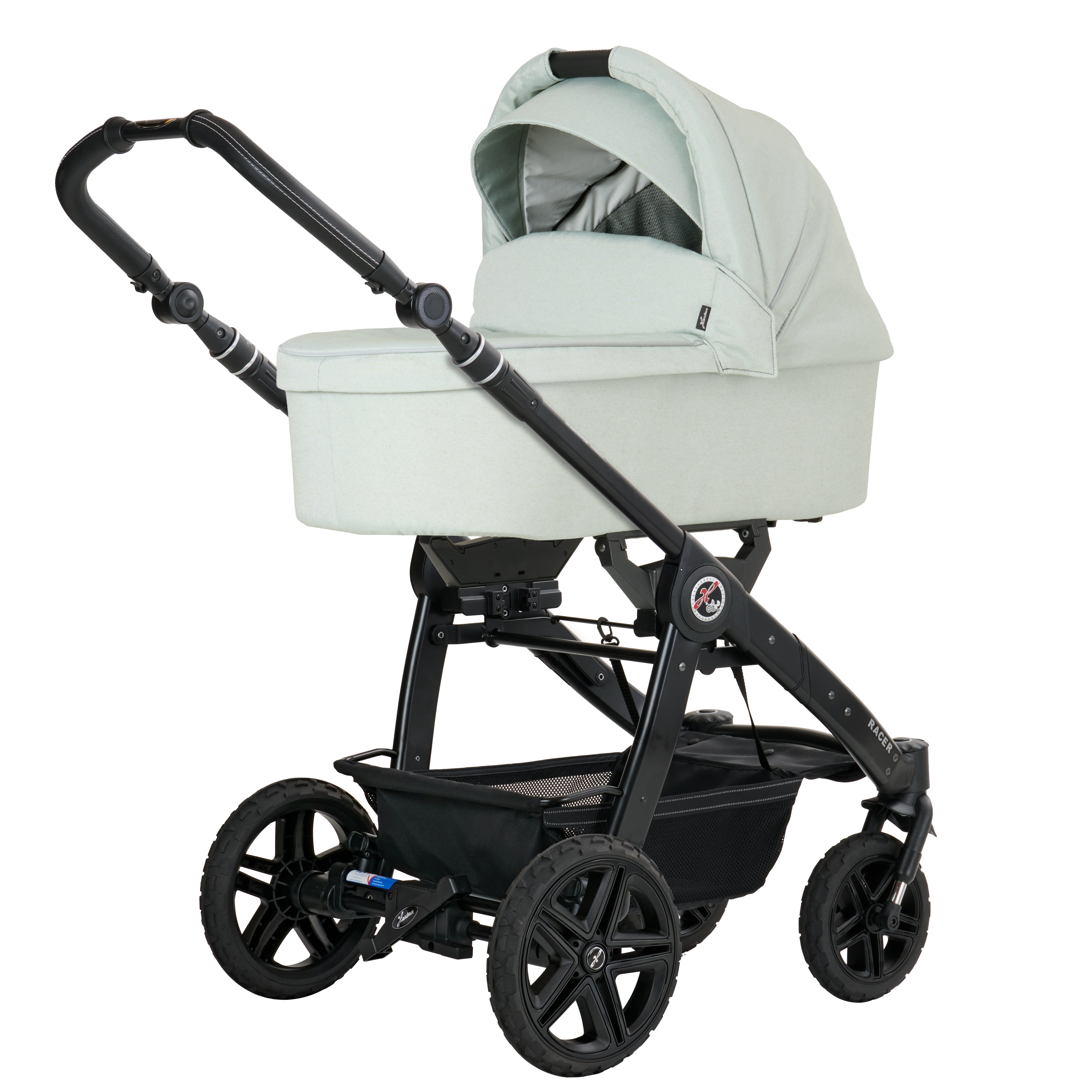 Racer GTS  628 / Sage Breeze mit Falttasche.
Schwarzes Gestell und Handgriff.
Schräge Vorderansicht.