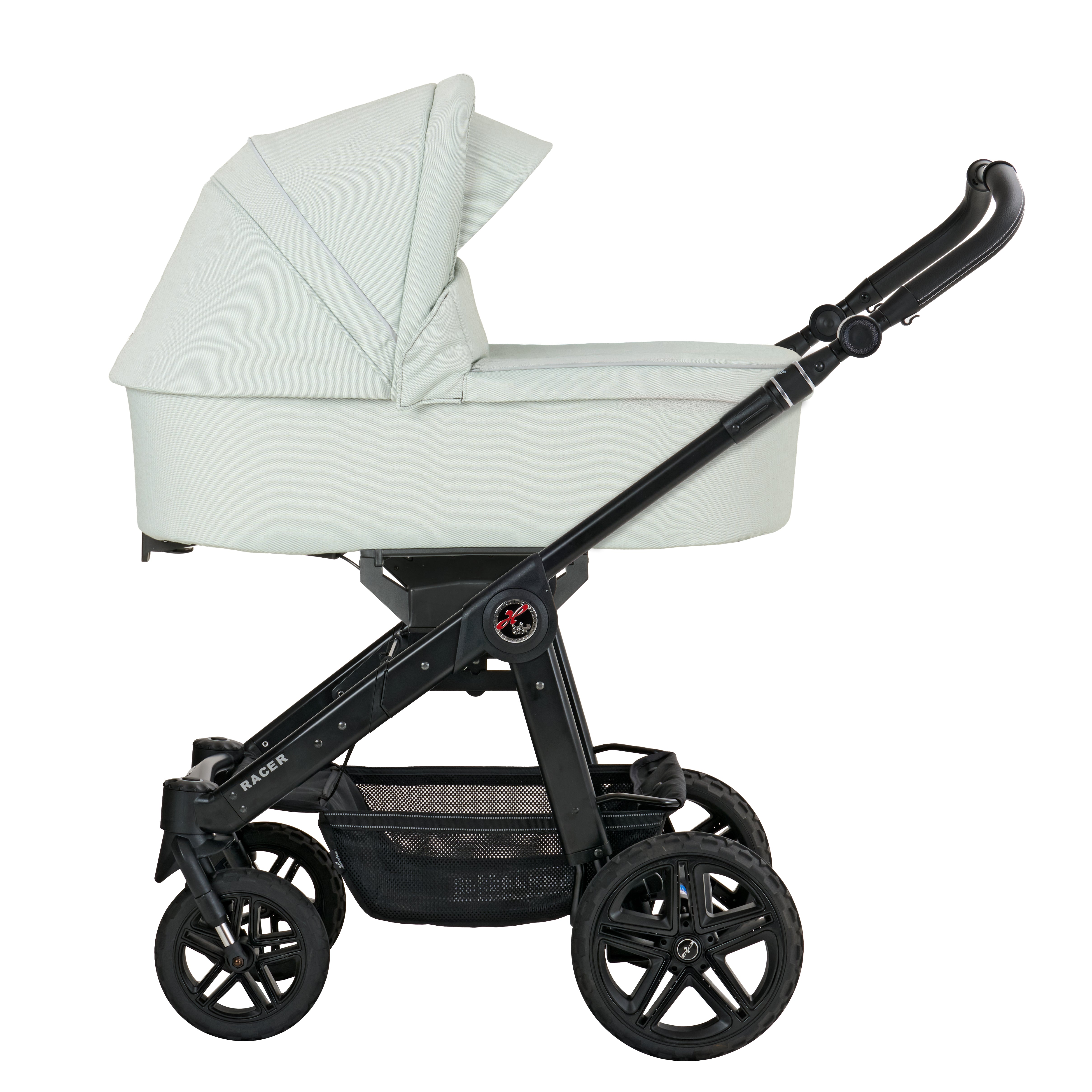 Racer GTS  628 / Sage Breeze mit Falttasche.
Schwarzes Gestell und Handgriff.
Seitenansicht.