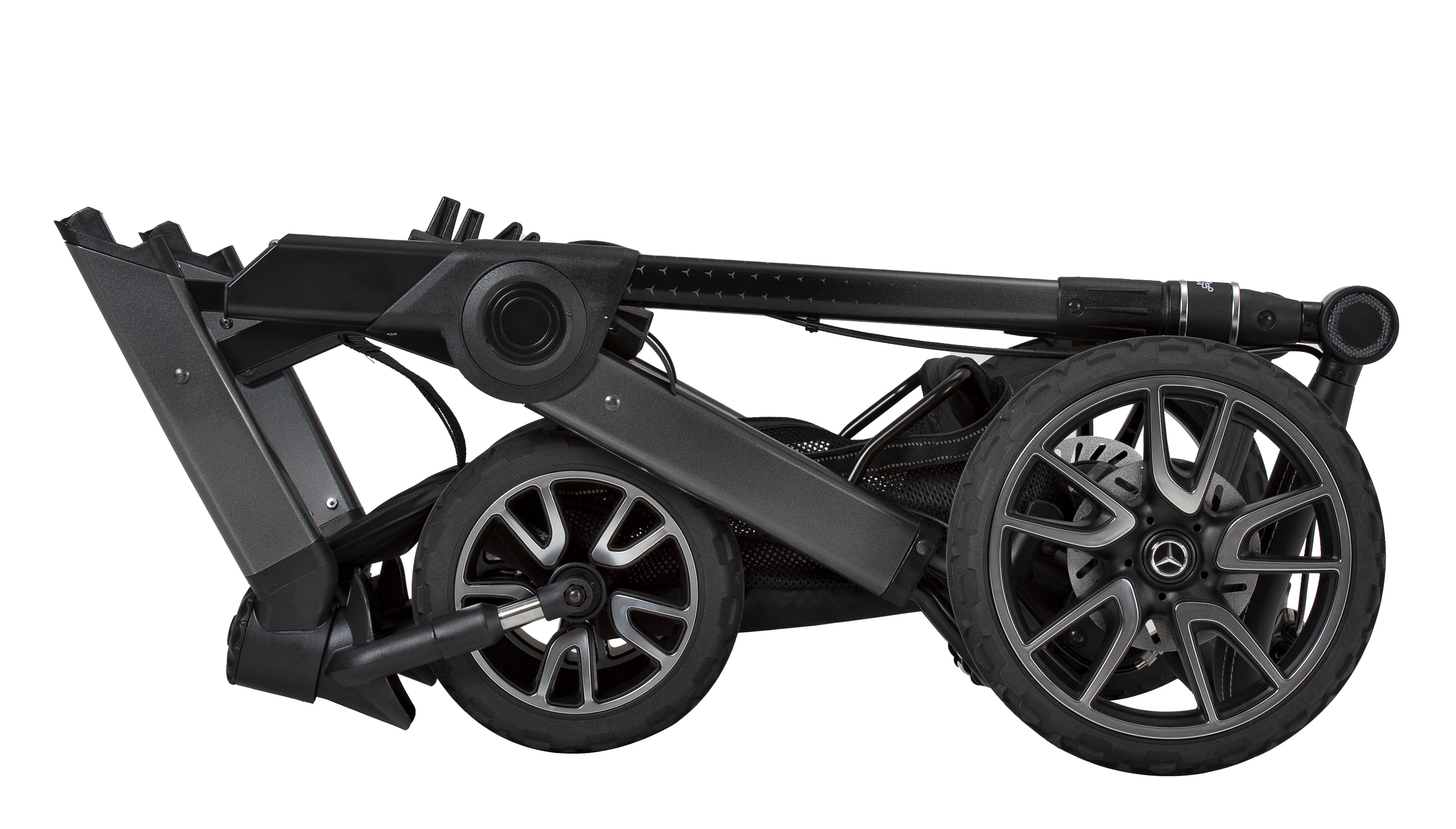 MB Gestell All Terrain  in Grau zusammengeklappt.
Seitenansicht.