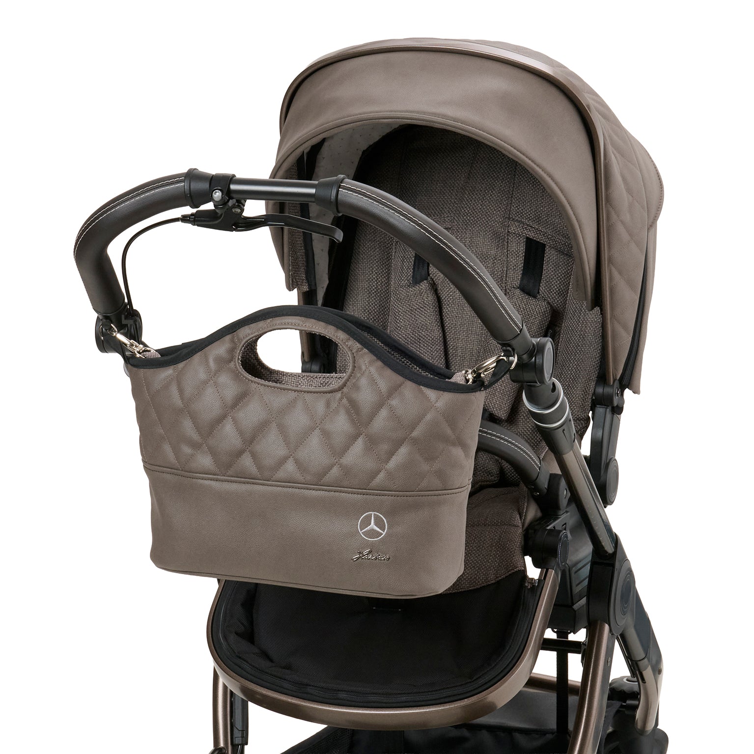 Bag2Go 616 / Tartufo befestigt am Kinderwagengestell.
Schräge Vorderansicht.