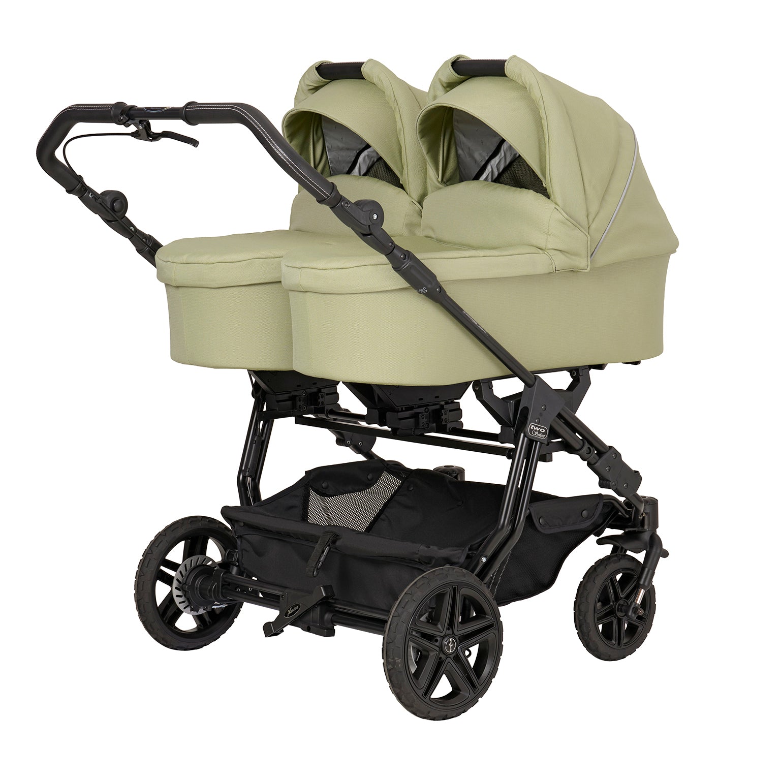 Geschwisterkinderwagen Two Select in 603 /  Lime miit 2 Falttaschen.
Gestell in Schwarz mit Handbremse.
Schräge  Vorderansicht.