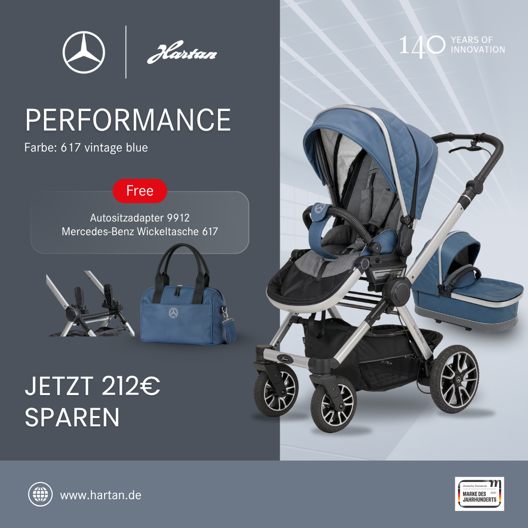 Jubiläumsangebot
Performence Sportwagen 617 / vintage blue + Falttasche + Adapter 9912 + Wickeltasche.
Darstellung mit allen Artikeln als Sonderpreis