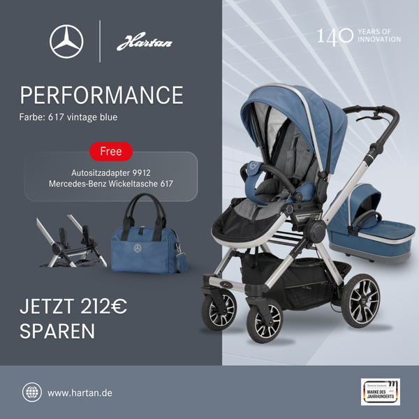 Jubiläumsangebot
Performence Sportwagen 617 / vintage blue + Falttasche + Adapter 9912 + Wickeltasche.
Darstellung mit allen Artikeln als Sonderpreis