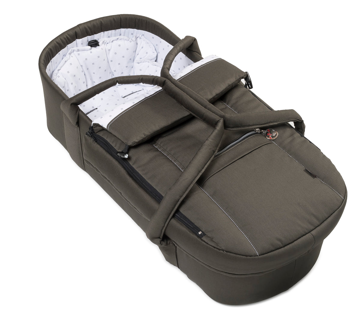 Kombitasche für Kinderwagen in Olivbraun mit Tragegriffen, Reißverschlussfächern und weißem Innenfutter mit Muster