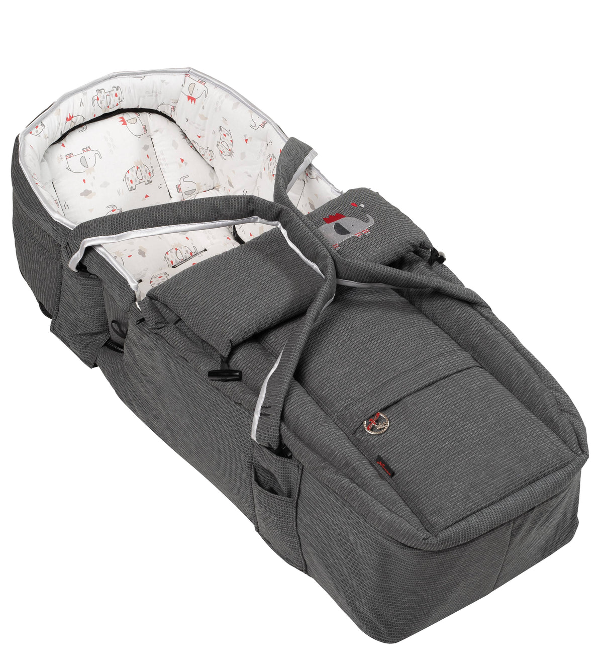 Graue Softtragetasche mit Elefantenmuster innen, gepolstertem Rand, Tragegriff und abnehmbarem Fußsack für Babytransport