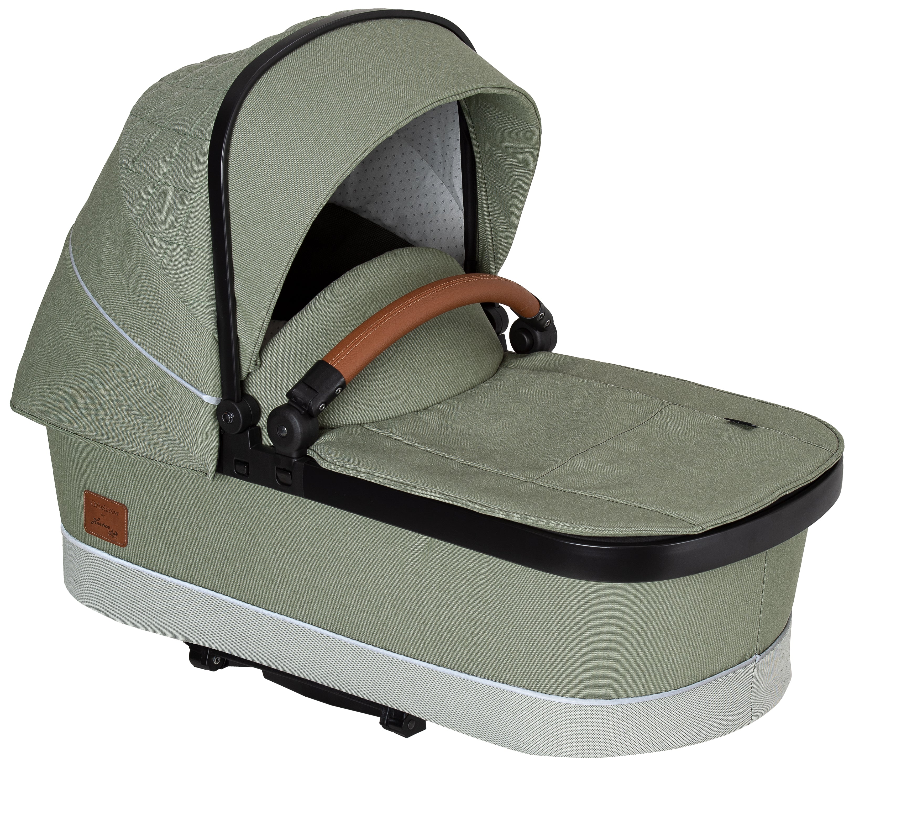 Premium Falttasche 840  / Verde mit braunem Schutzbügel.
Schräge Vorderansicht.