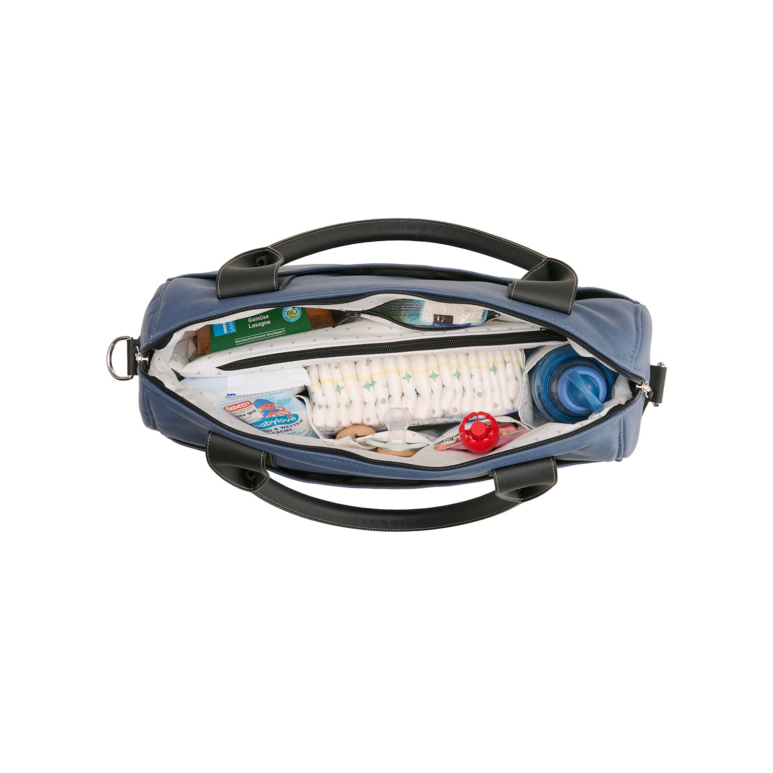 Mercedes Benz Wickeltasche 617 / Vintage Blue mit mehreren Innenfächern und Schultergurt.
Innenansicht.