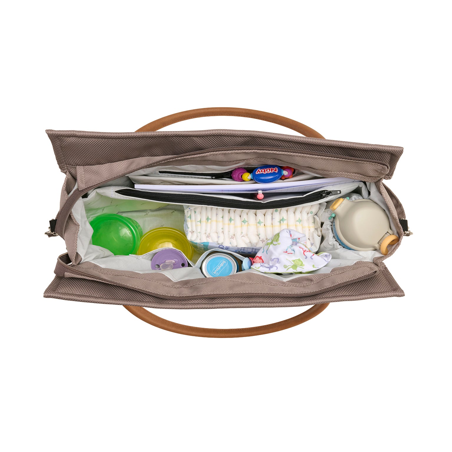 Wickeltasche Modern Style 606 / Hazel mit mehreren Innenfächern und zusätzlichem Schultergurt.
Innenansicht.