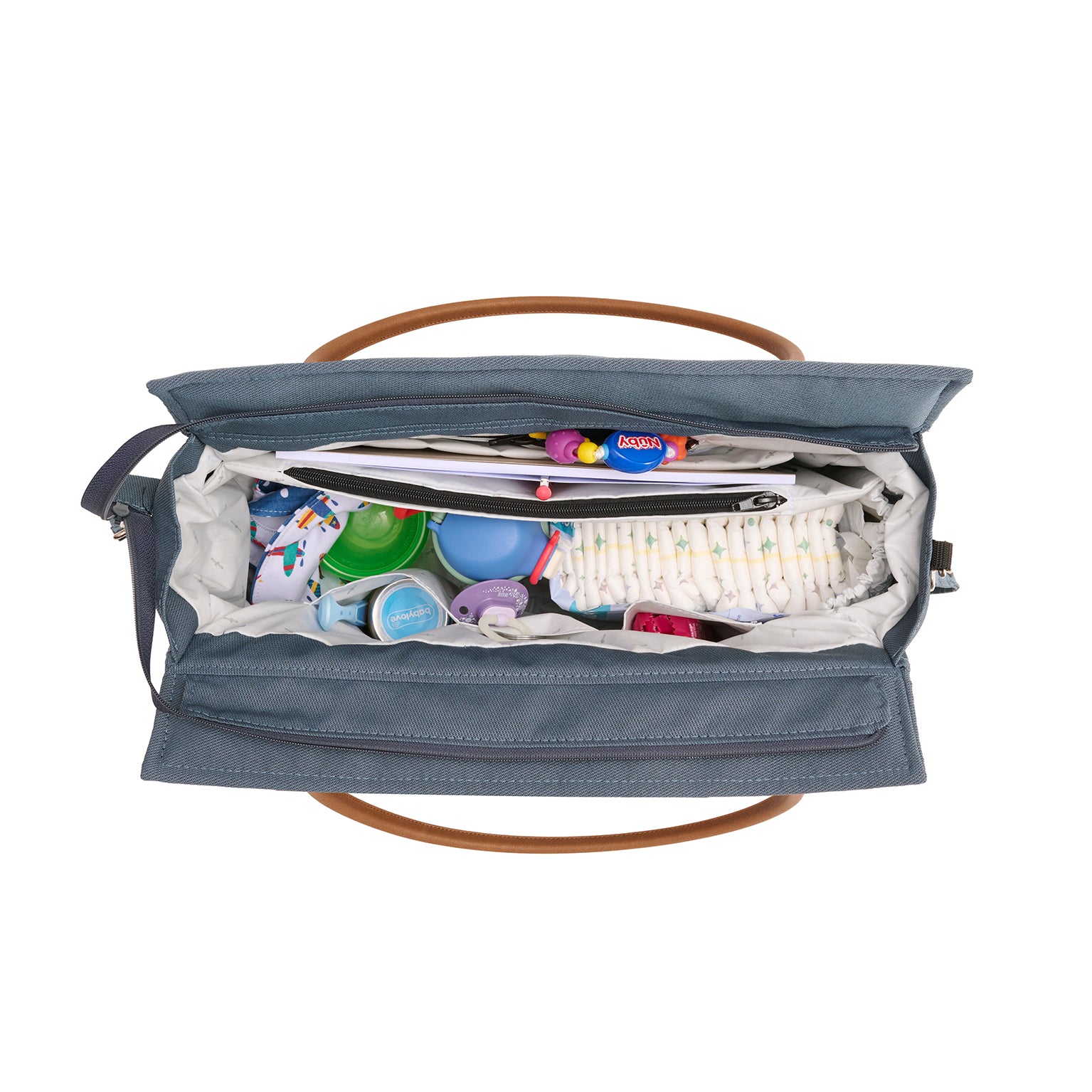 Wickeltasche Modern Style 607 / Butterfly Pea mit mehreren Innenfächern und zusätzlichem Schultergurt.
Innenansicht.