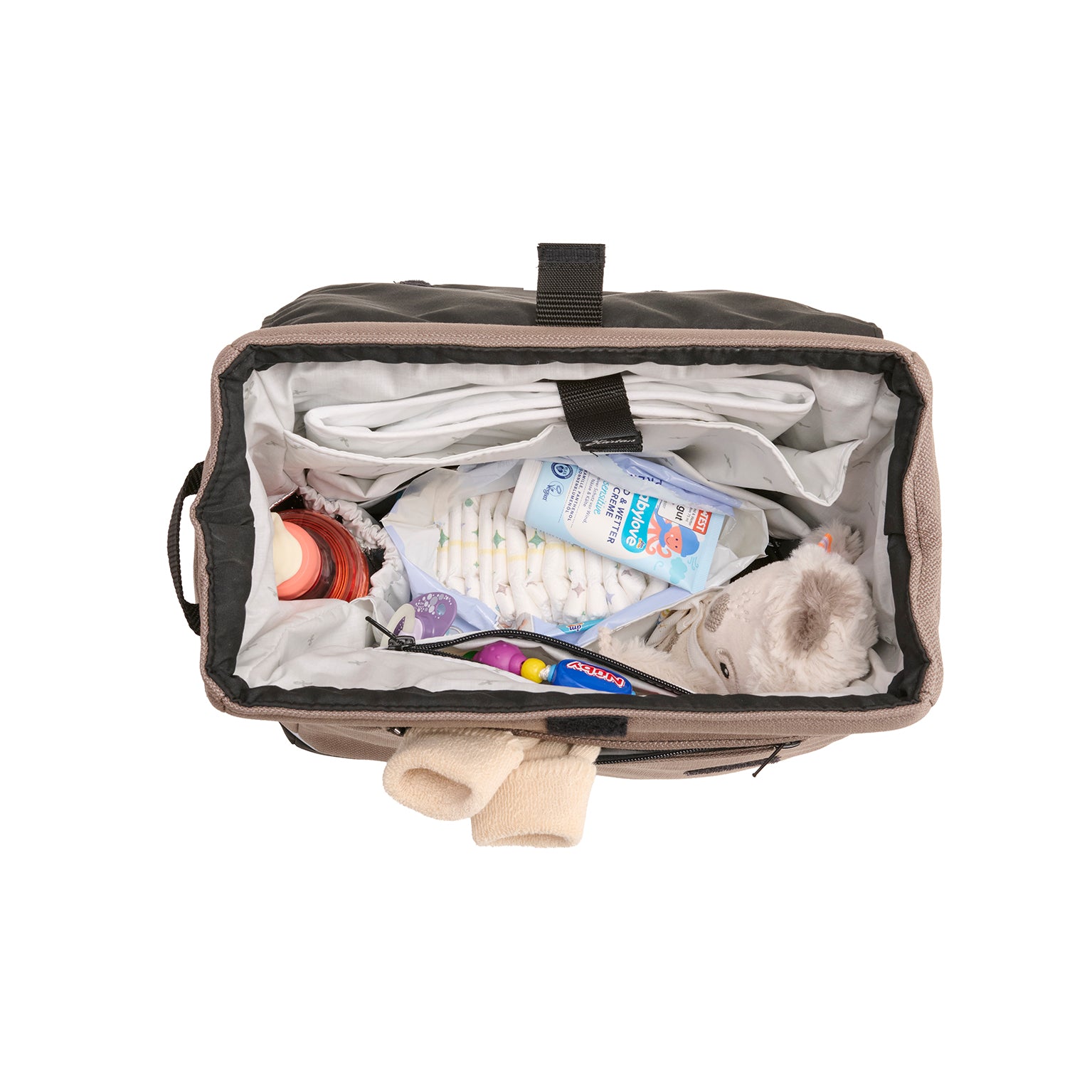 Wickeltasche Flexi Bag 600 / Toffee mit mehreren Innenfächern und Schultergurt.
Innenansicht.