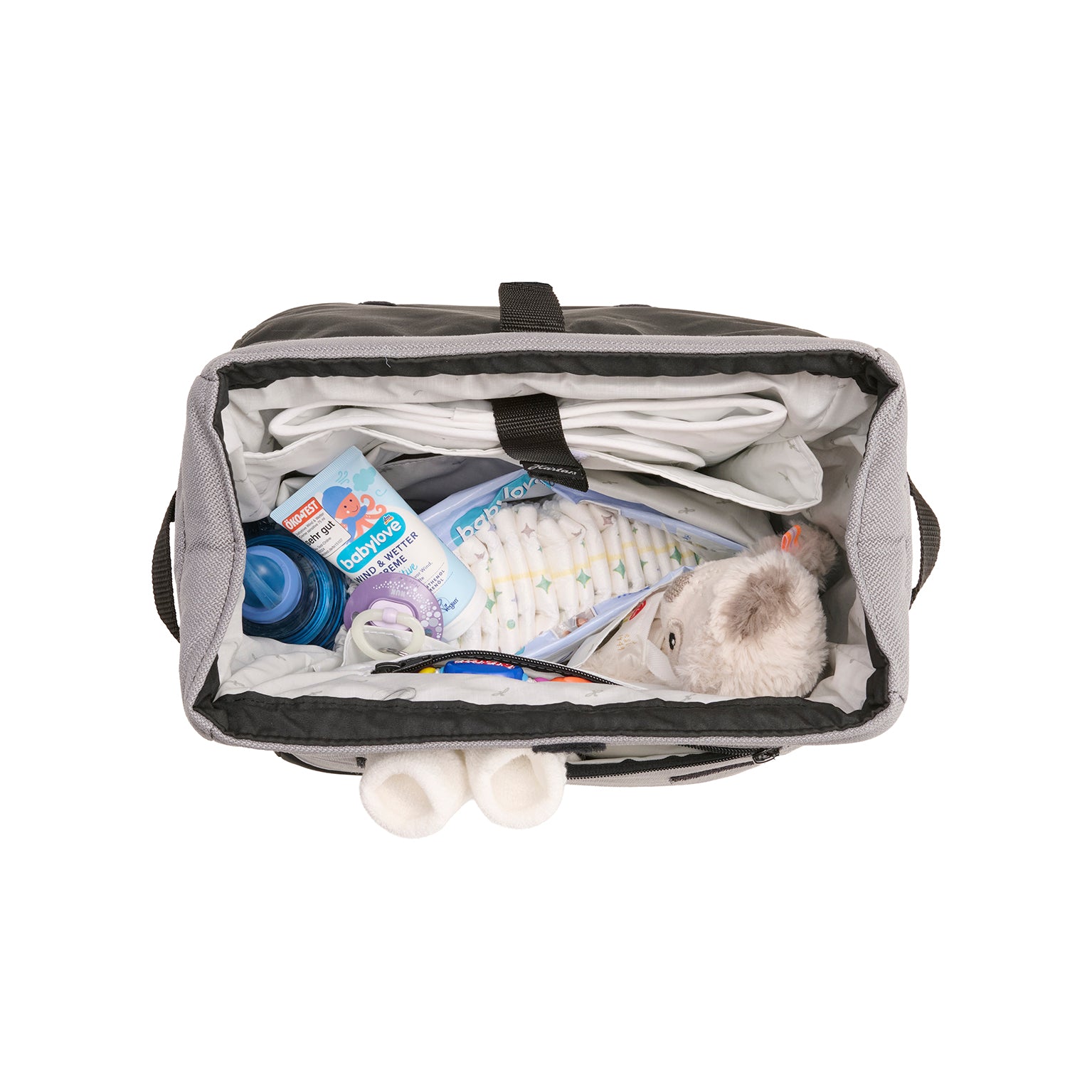 Wickeltasche Flexi Bag 602 / Graphit mit mehreren Innenfächern und Schultergurt.
Innenansicht.