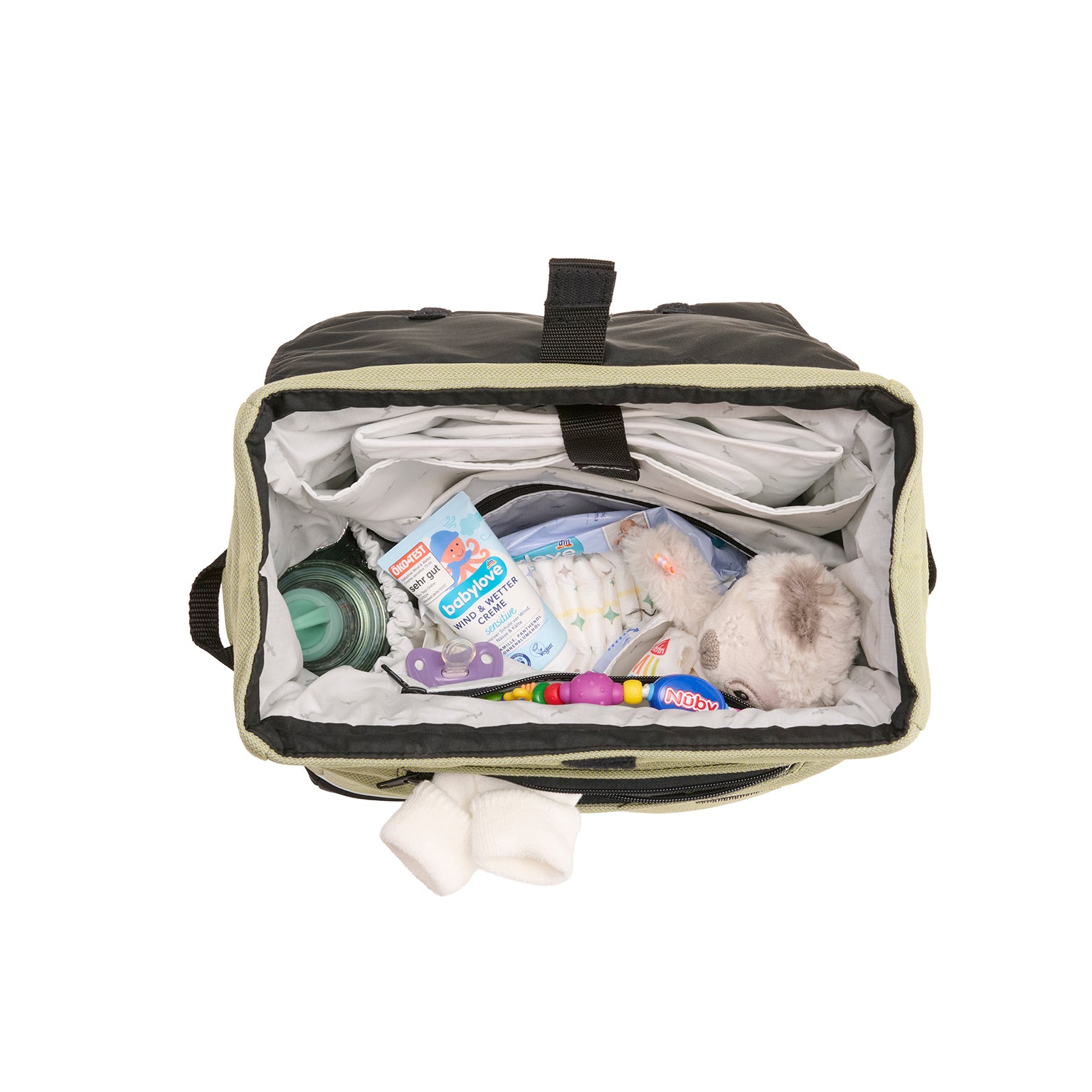 Wickeltasche Flexi Bag 603 / Lime mit mehreren Innenfächern und Schultergurt.
Innenansicht.