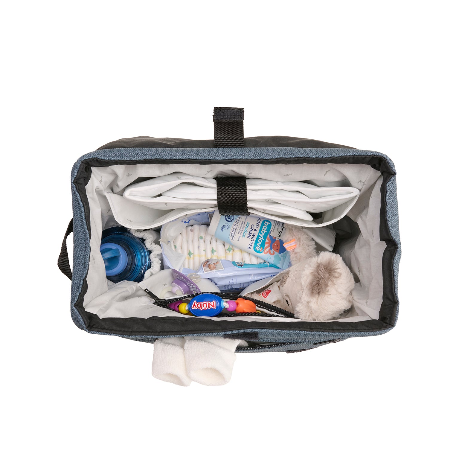 Wickeltasche Flexi Bag 607 / Butterfly Pea mit mehreren Innenfächern und Schultergurt.
Innenansicht.