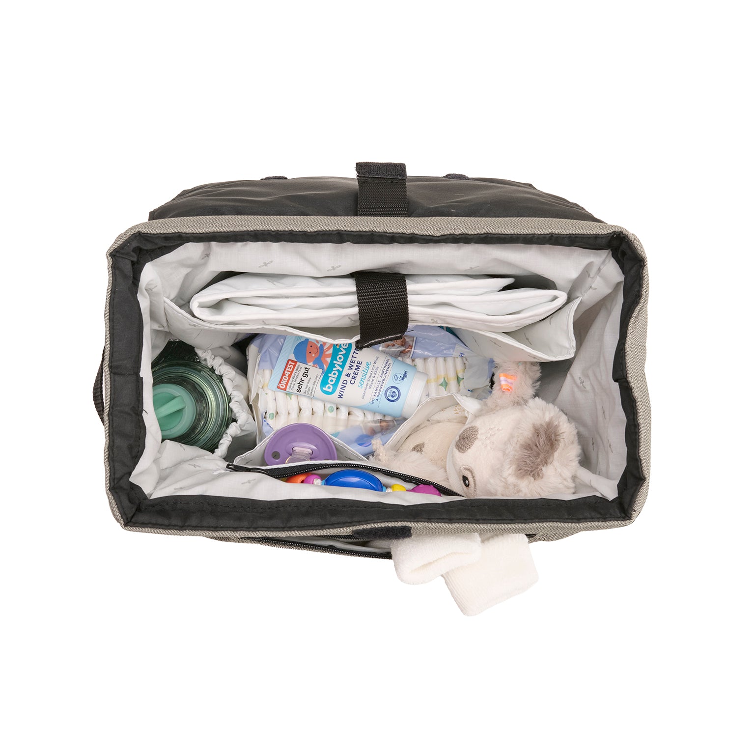 Wickeltasche Flexi Bag 608 / Pistachio  mit mehreren Innenfächern und Schultergurt.
Innenansicht.