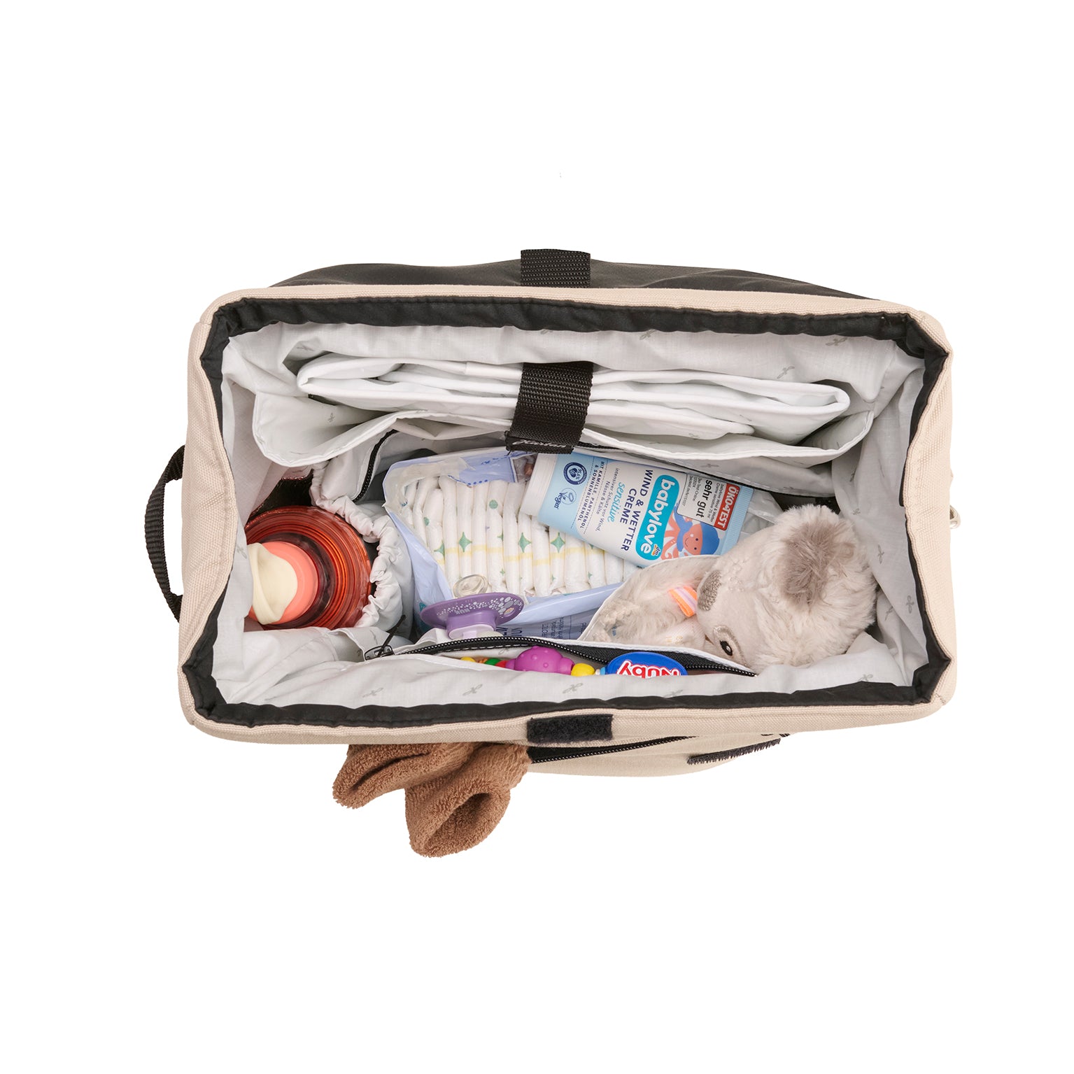 Wickeltasche Flexi Bag 609 / Peanut  mit mehreren Innenfächern und Schultergurt.
Innenansicht.