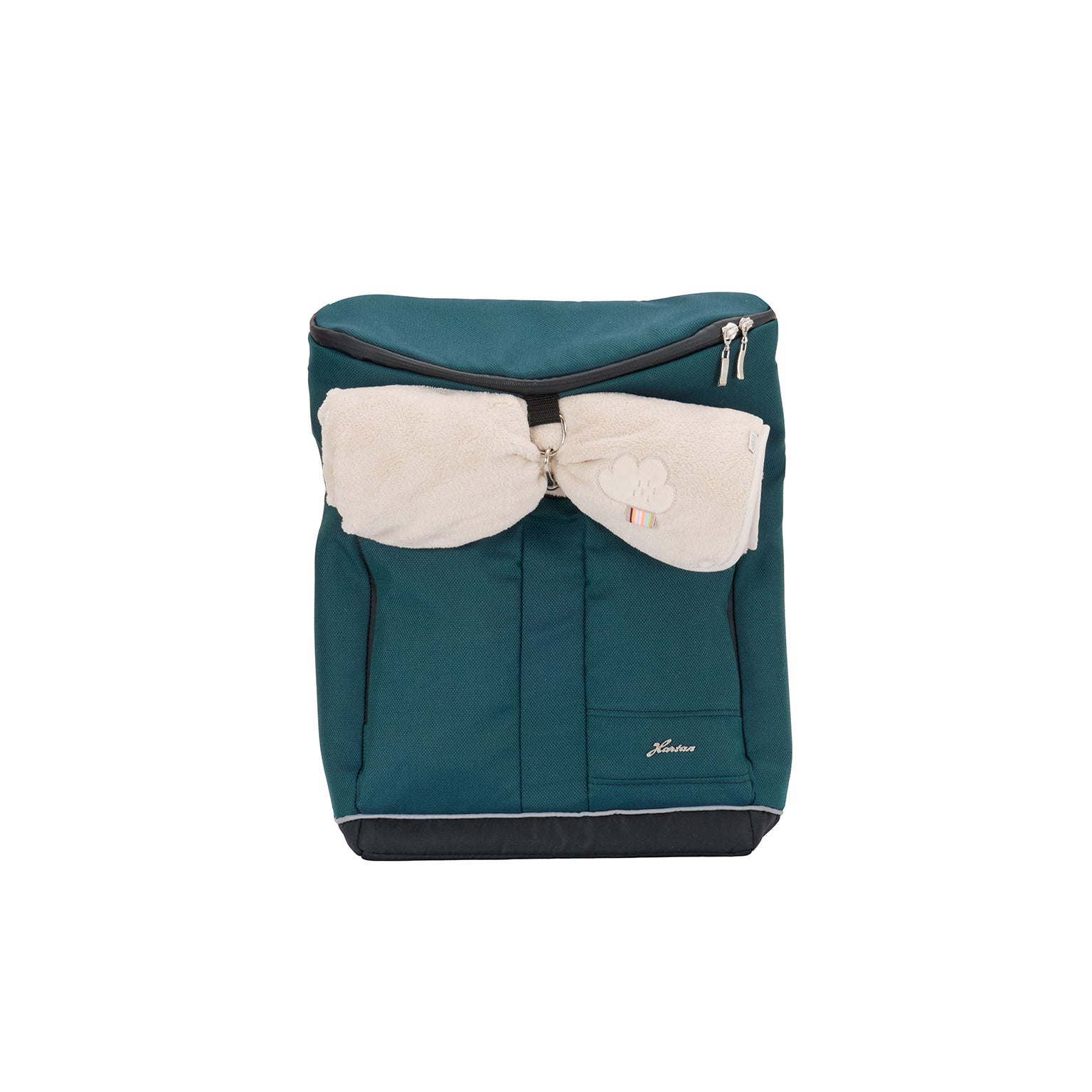 Wickelrucksack Space Bag 601 / Leaf mit mehreren Fächern und gepolsterte Schultergurte.
Ansicht von vorne mit zusammengerollter Kuscheldecke.