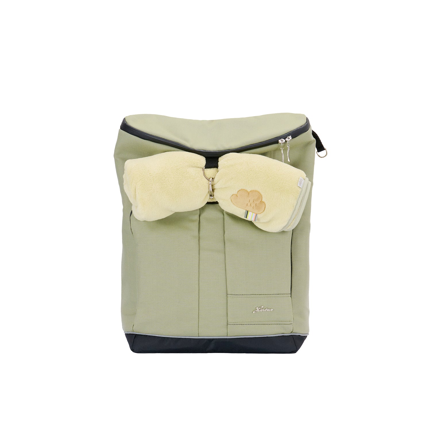Wickelrucksack Space Bag 603 / Lime mit mehreren Fächern und gepolsterte Schultergurte.
Ansicht von vorne mit zusammengerollter Kuscheldecke.