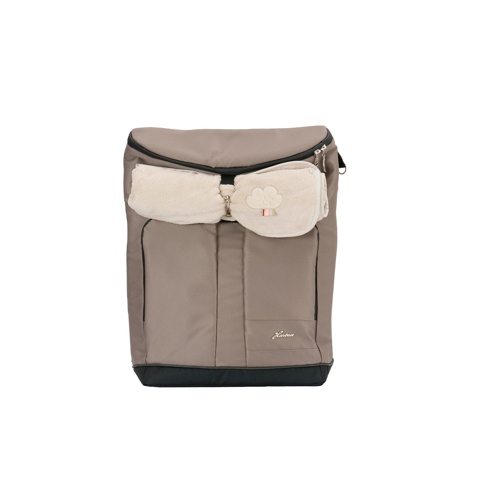 Wickelrucksack Space Bag 606  / Hazel mit mehreren Innenfächern und gepolsterte Schultergurte.
Ansicht von vorne mit Kuscheldecke.