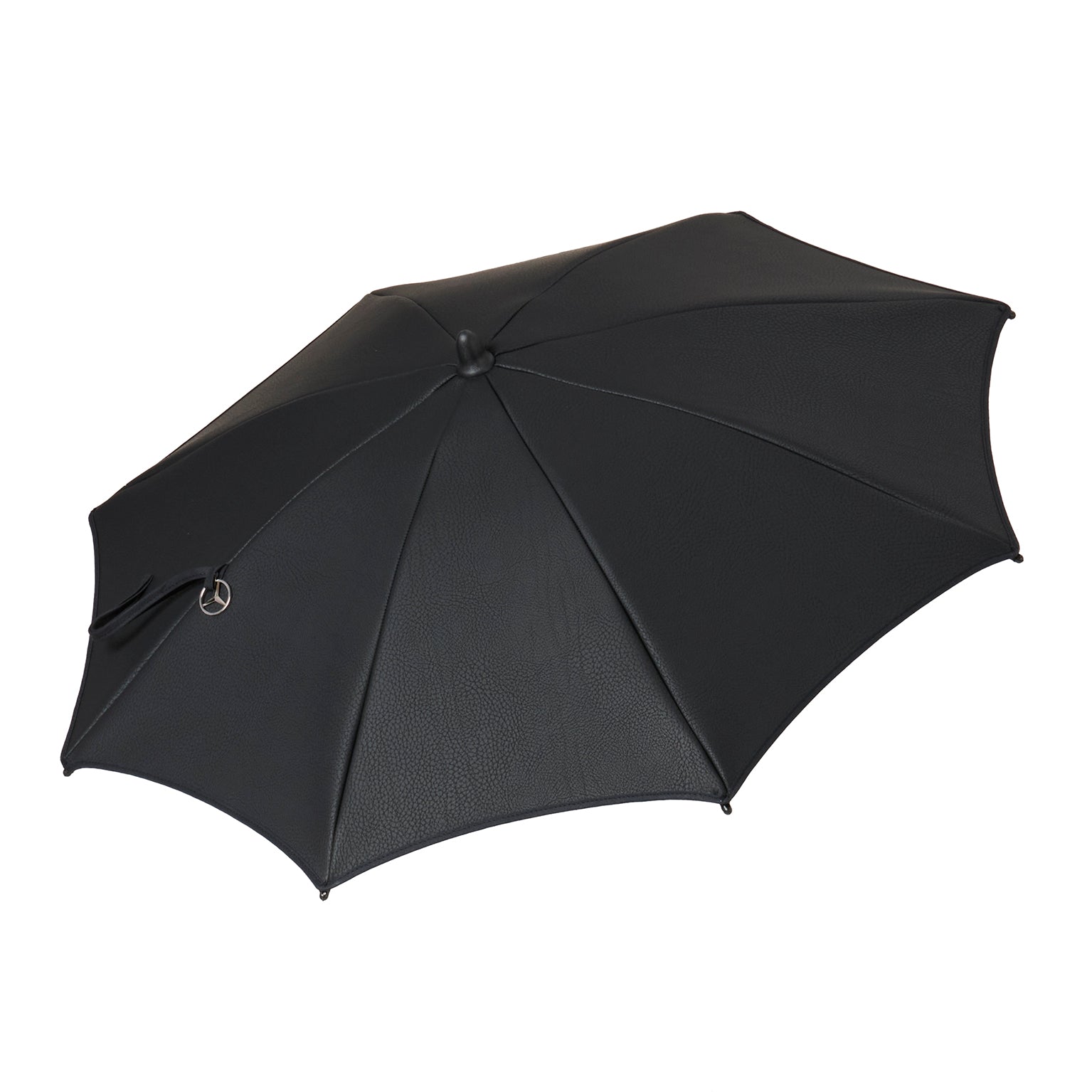 Kinderwagen-Sonnenschirm 622 / Sienabraun mit flexibler Halterung.
Geöffnet in Seitenansicht.