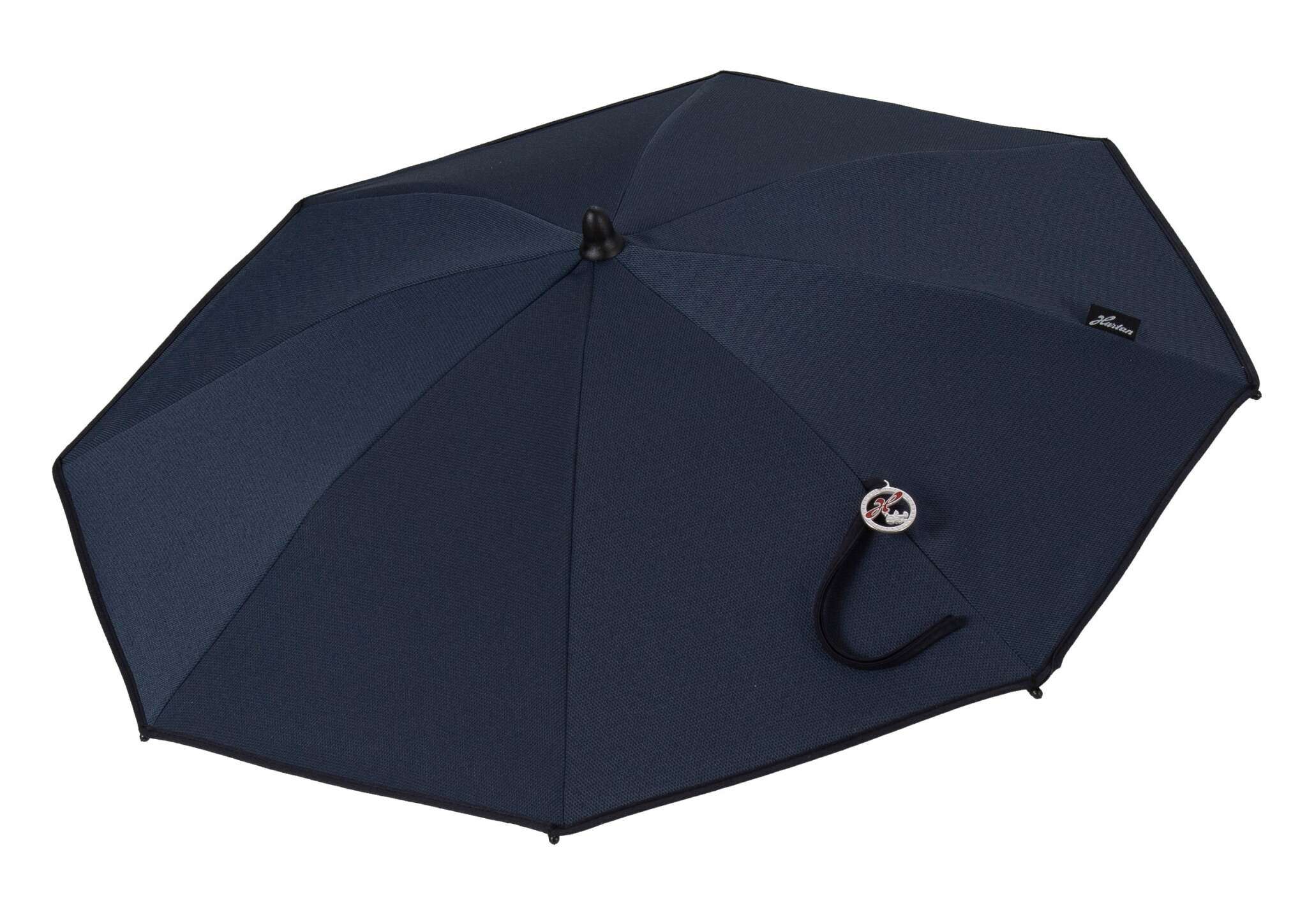 Sonnenschirm 810 / Navy Stripes mit flexibler Halterung 
Geöffnet in Seitenansicht.