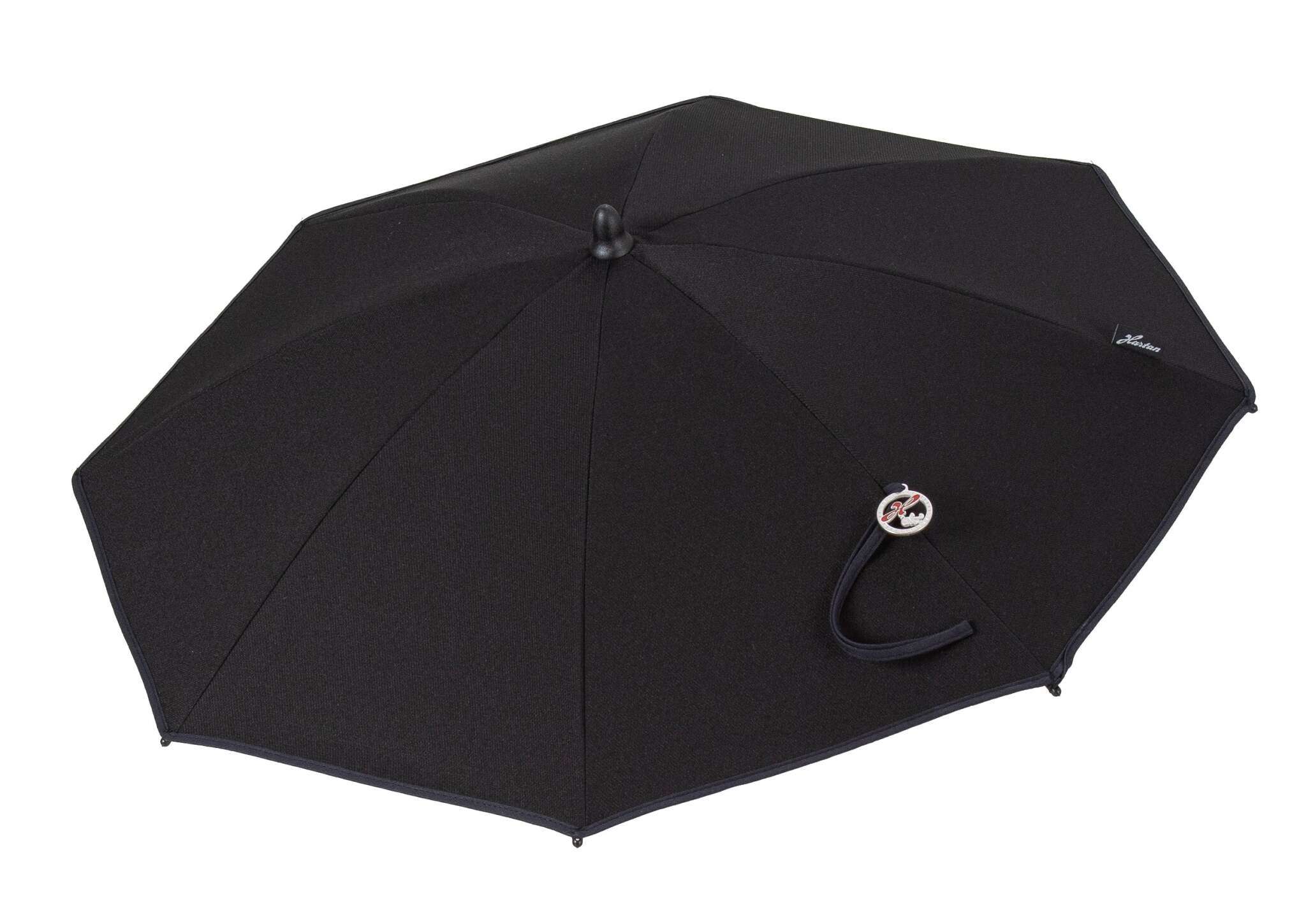 Sonnenschirm 823 Black Pinstripe mit flexibler Halterung 
Geöffnet in Seitenansicht.