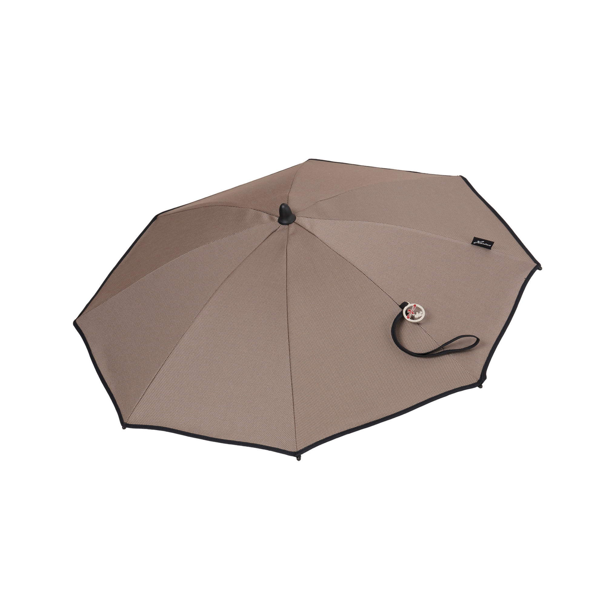 Kinderwagen-Sonnenschirm 600 / Toffee mit flexibler Halterung.
Geöffnet in Seitenansicht.