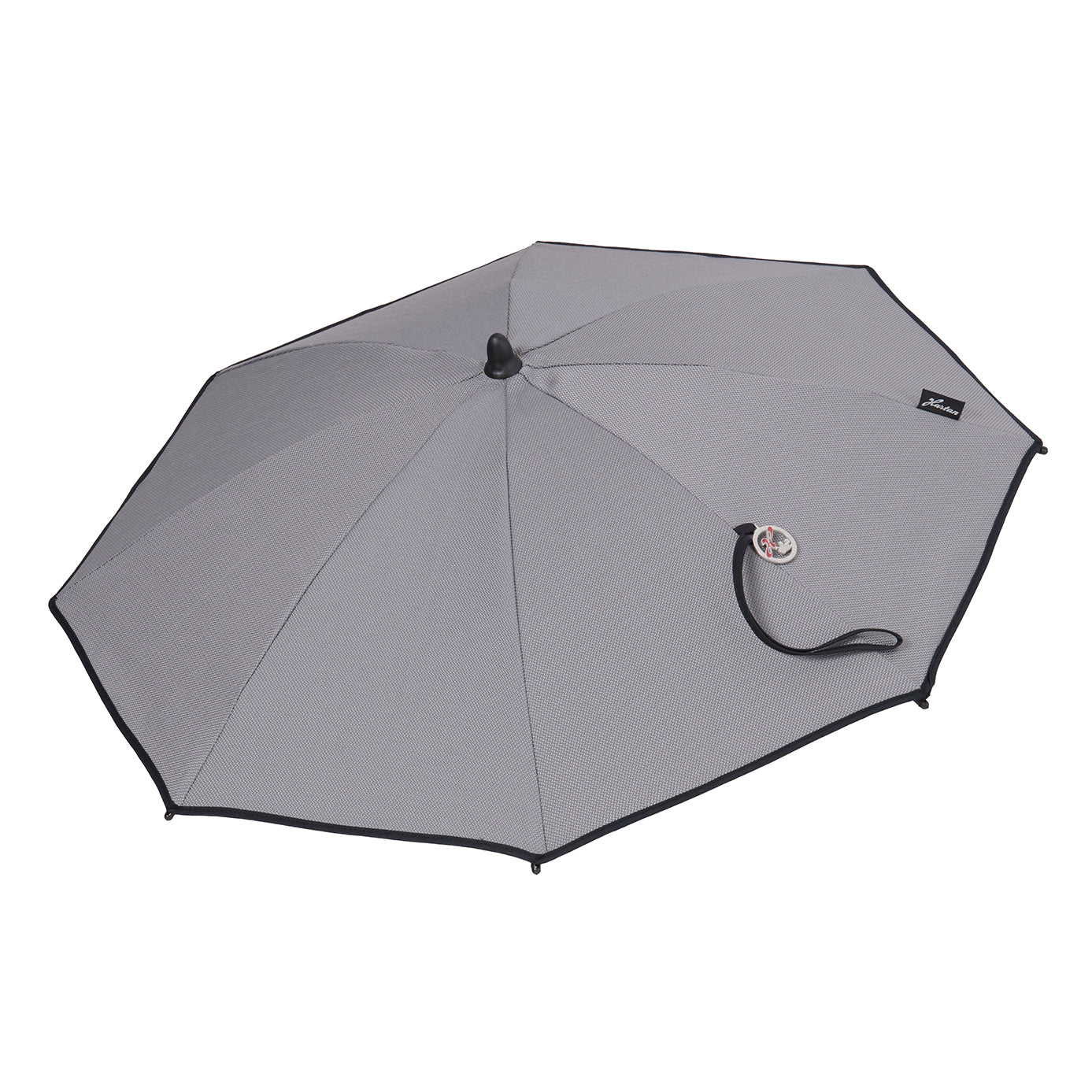 Kinderwagen-Sonnenschirm 602 / Graphit mit flexibler Halterung.
Geöffnet in Seitenansicht.