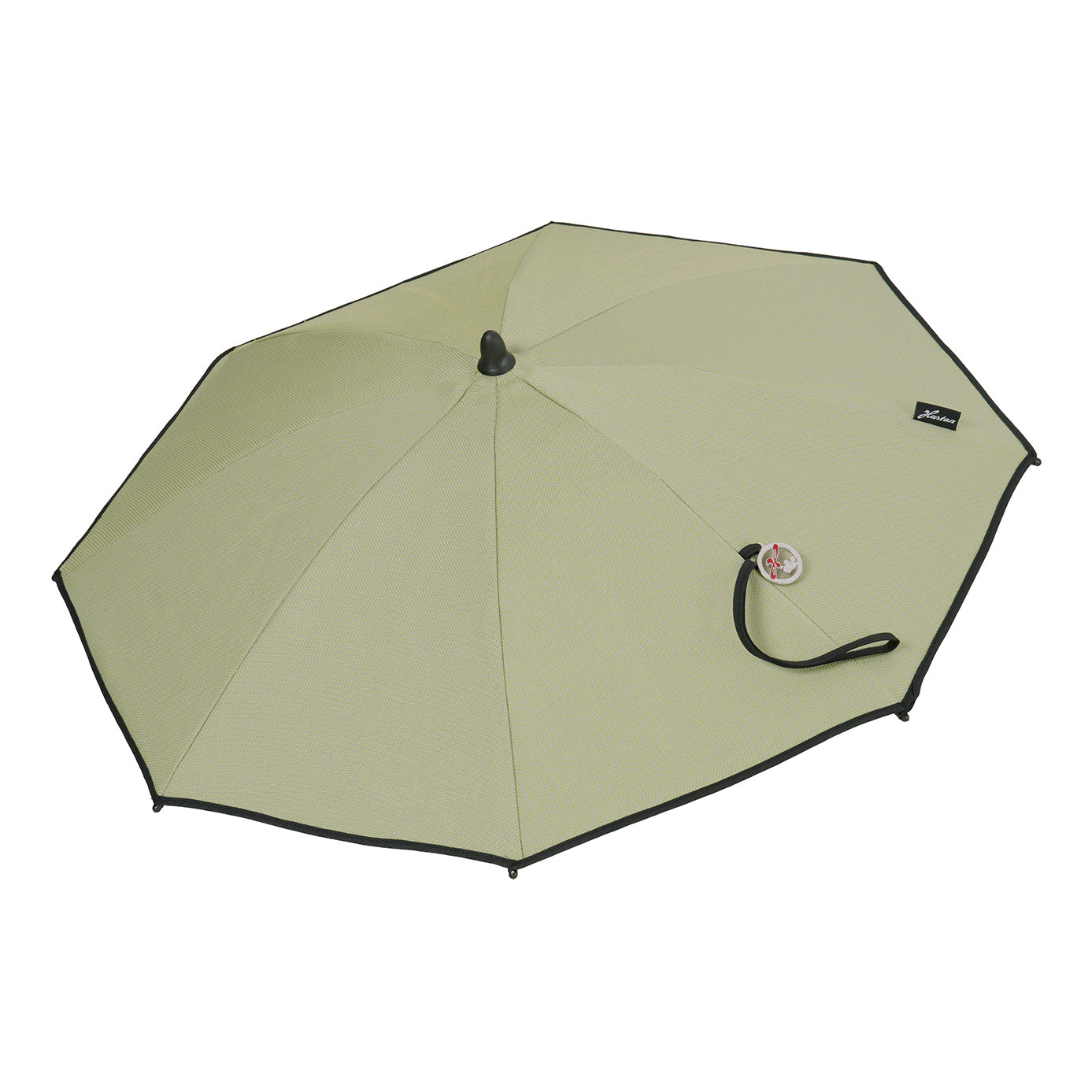 Kinderwagen-Sonnenschirm 603 / Lime mit flexibler Halterung.
Geöffnet in Seitenansicht.