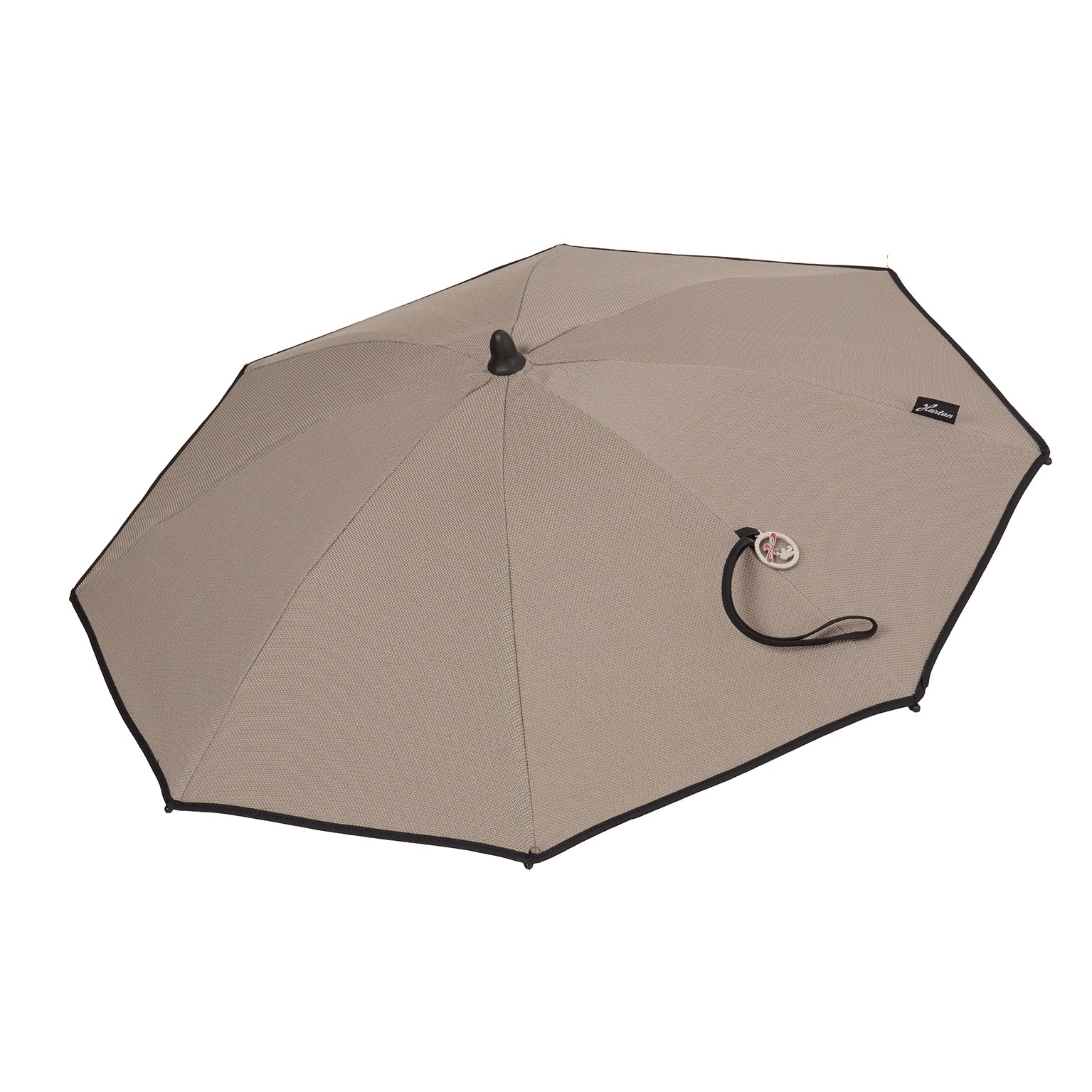 Kinderwagen-Sonnenschirm 604 / Sand mit flexibler Halterung.
Geöffnet in Seitenansicht.