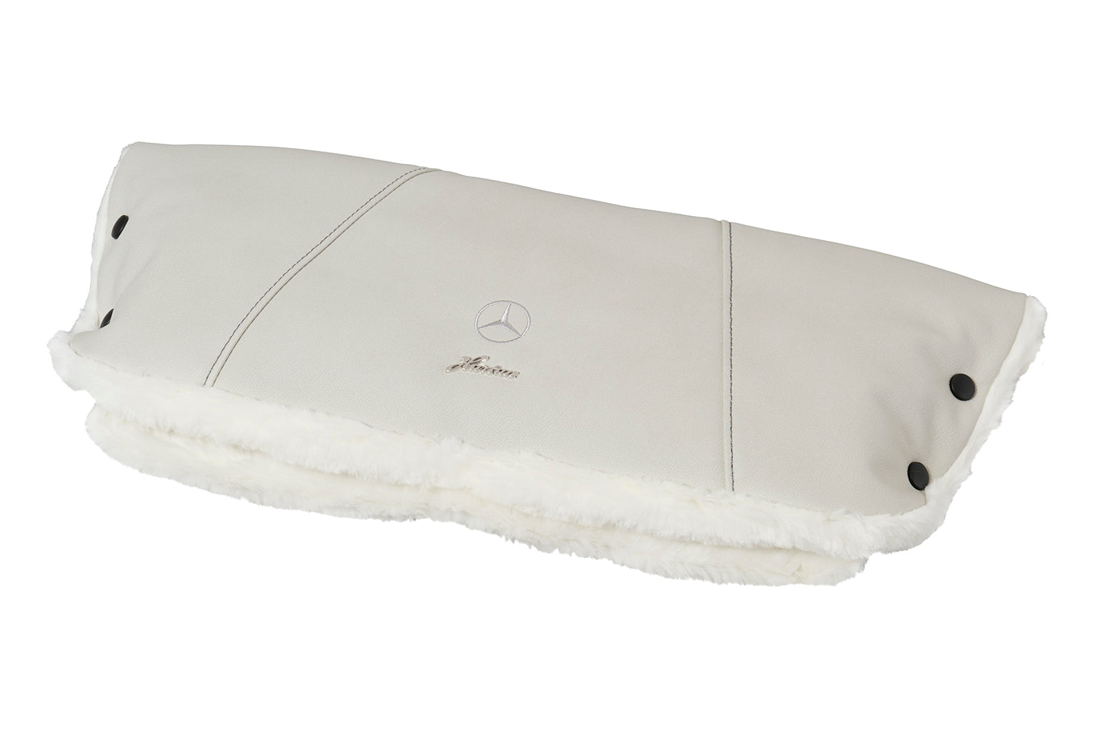 Mercedes Benz Handwärmer MUM 615 / Opalith für den Kinderwagengriff.
Warmes Fleece-Innenfutter.
Schräge Frontansicht.