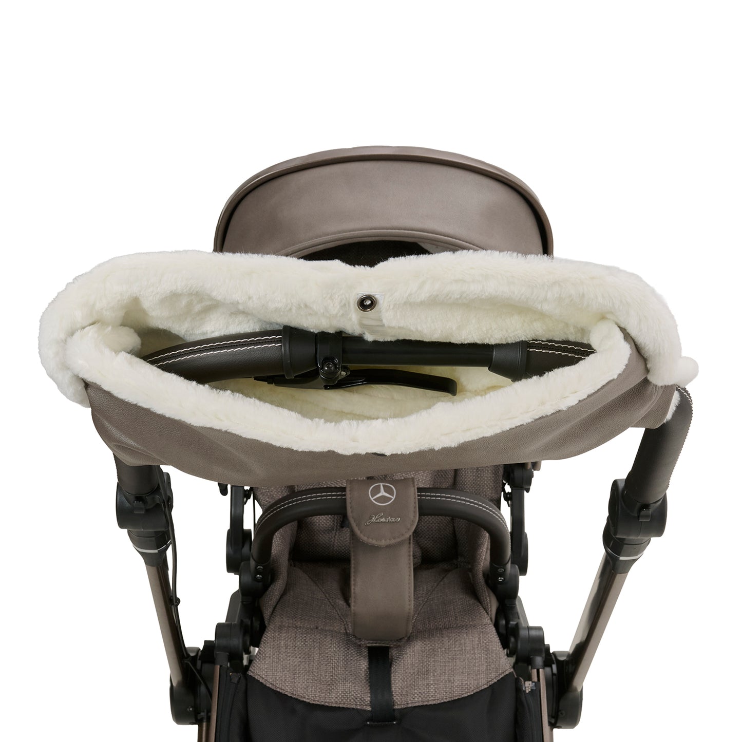 Mercedes Benz Handwärmer MUM 616 / Tartufo für den Kinderwagengriff.
Warmes Fleece-Innenfutter.
Befestigt am Kinderwagengriff.
Innenansicht von vorne.