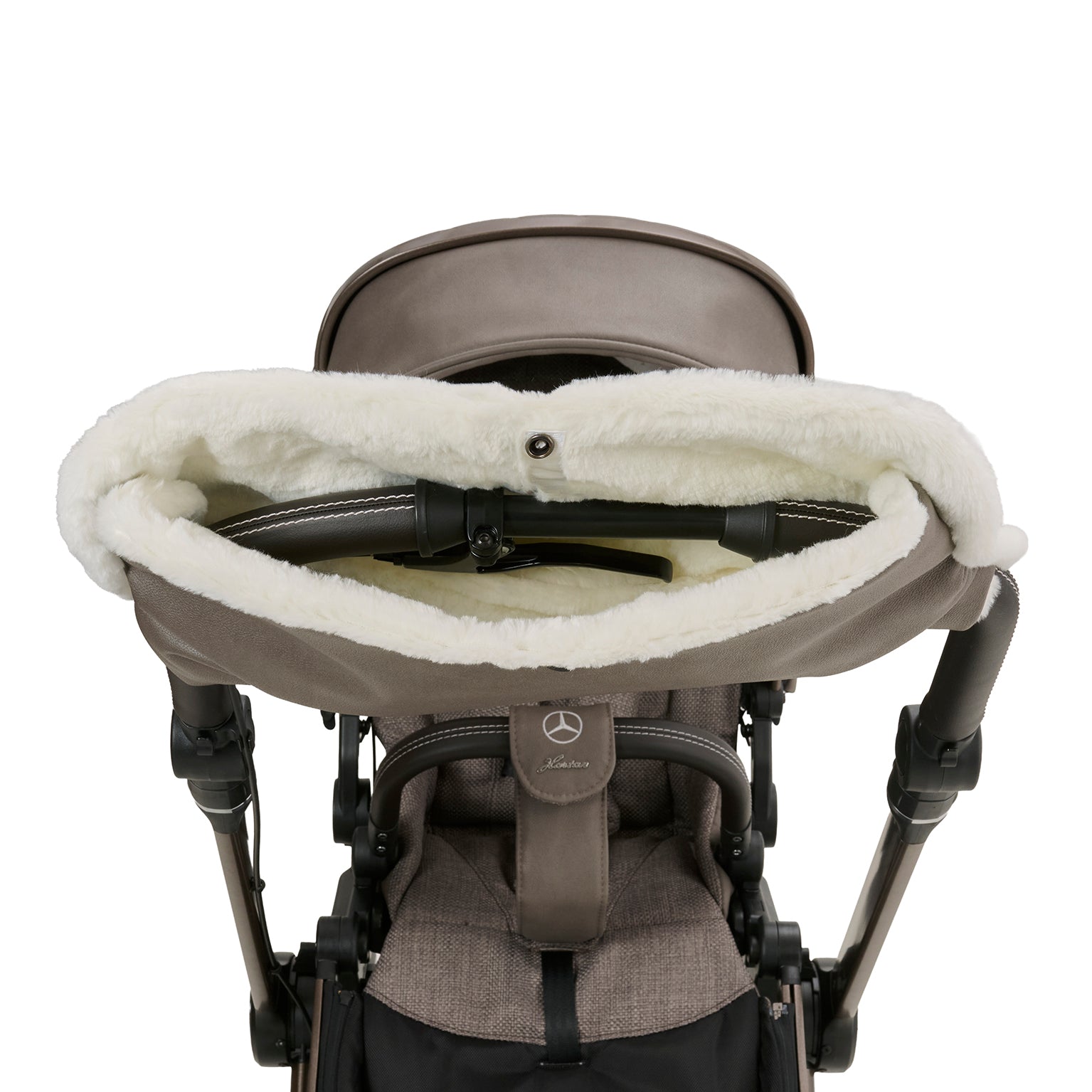 Mercedes Benz Handwärmer MUM 616 / Tartufo für den Kinderwagengriff.
Warmes Fleece-Innenfutter.
Befestigt am Kinderwagengriff.
Innenansicht von vorne.