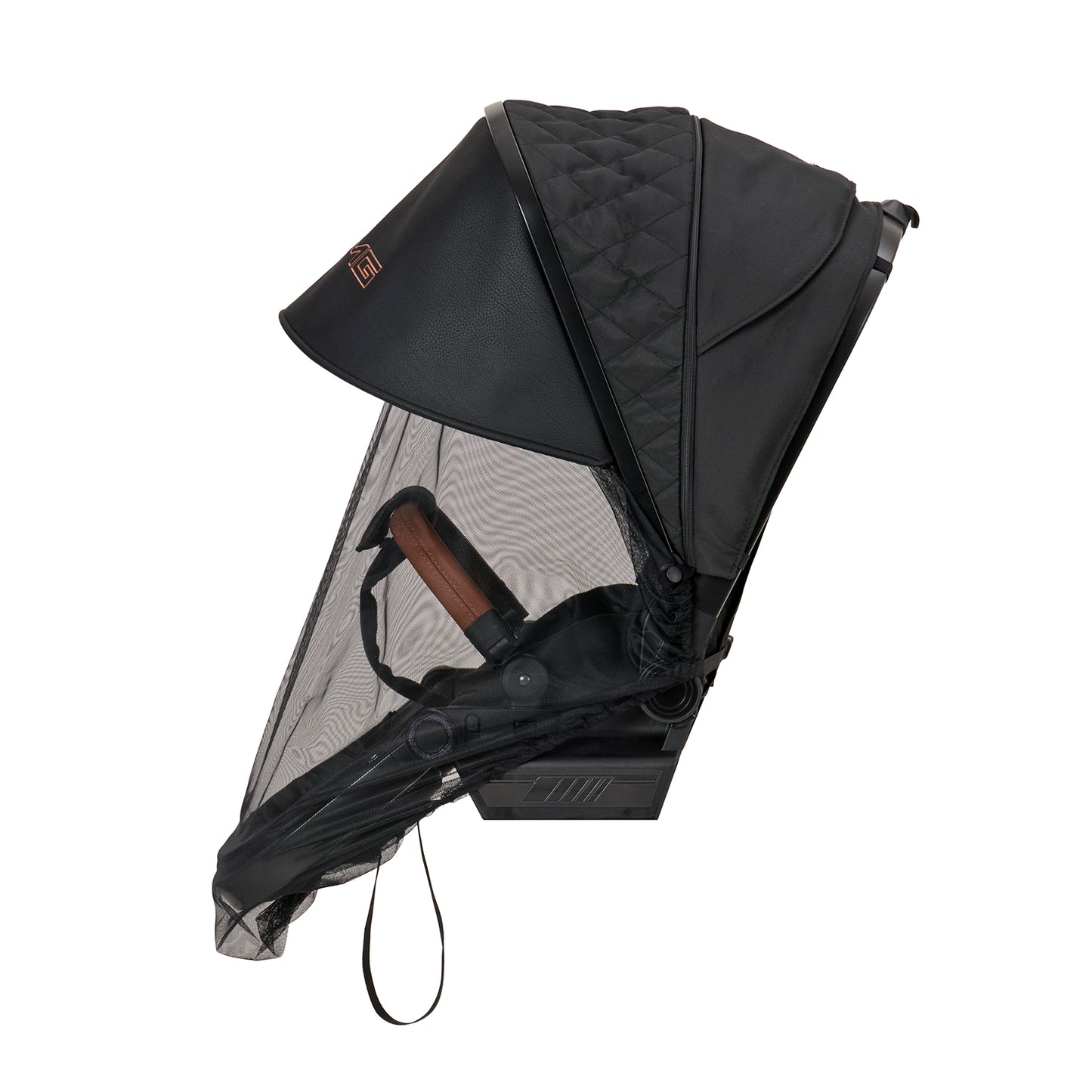 Sunline - Plus Sonnen- und Mückenschutz in 622 /Sienabraun für Kinderwagen.
Sportsitz mit halb ausgeklappten Verdeck und Sunline Plus.
Seitenansicht.