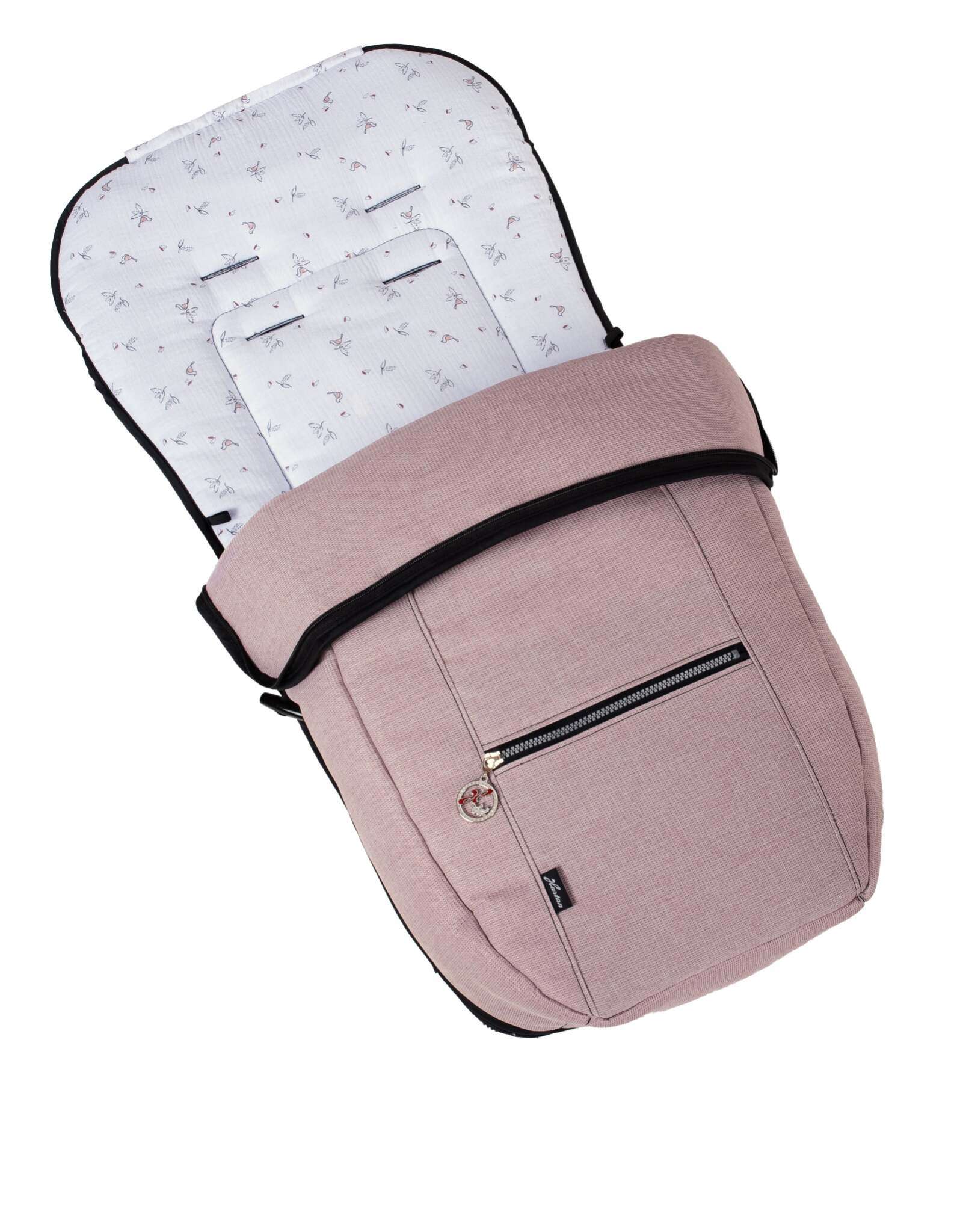 So-Wi Fußsack 808  / Rosy Birds für den GTS Sportwagen.
Mit Fleece Einlage zum Winterfußsack ändern.
Schräge Draufsicht