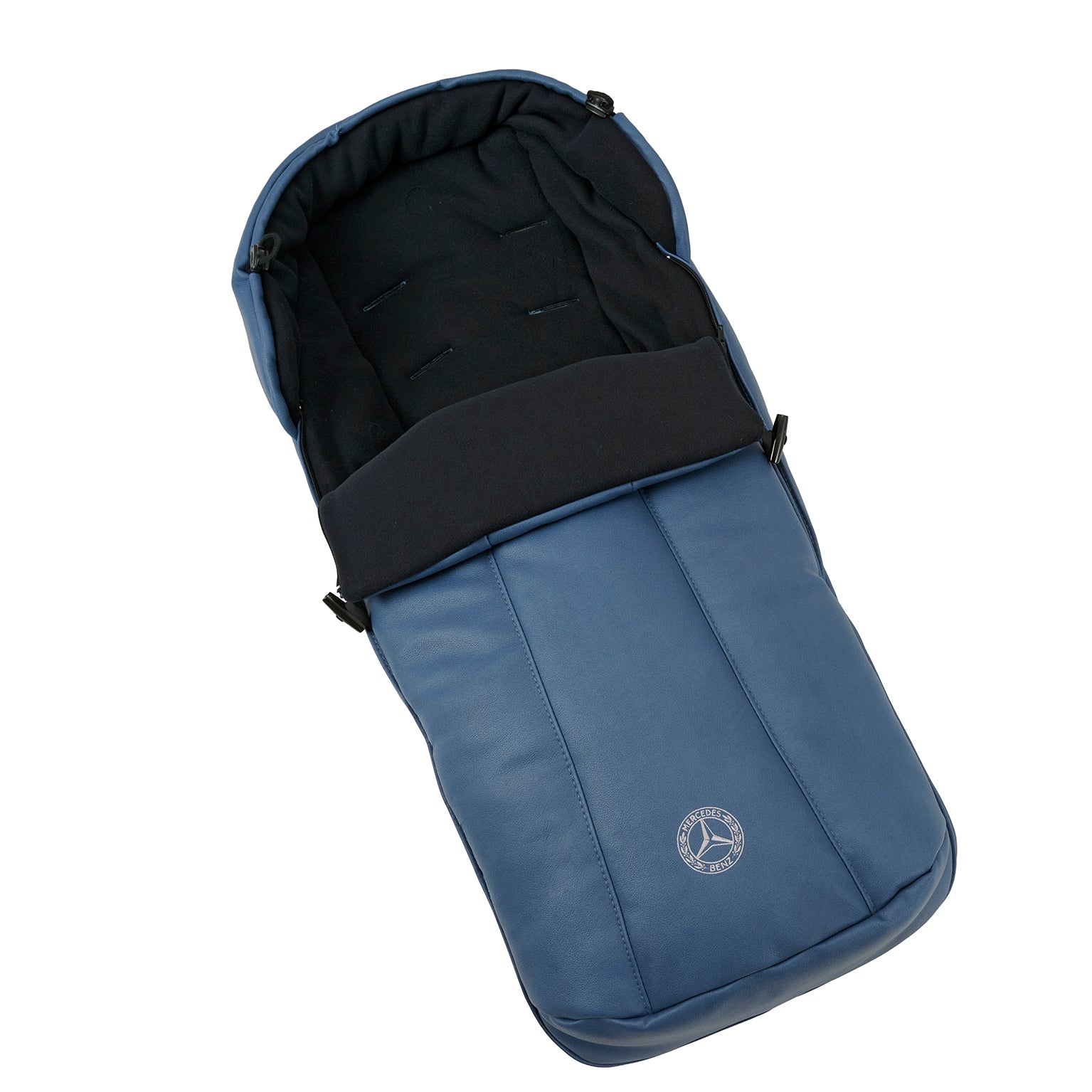 Mercedes Benz Avantgarde Fußsack 617 / Vintage Blue mit weichem Fleece Innenfutter.
Schräge Liegeansicht von oben.