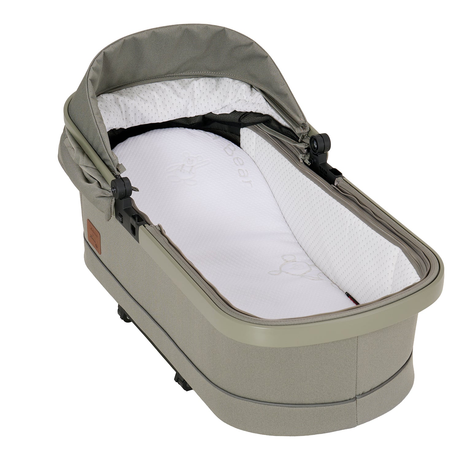 Falttasche 608 / Pistachio mit zurück geklappten Verdeck.
Ohne Windschutzdecke.
Schräge Ansicht von oben.
