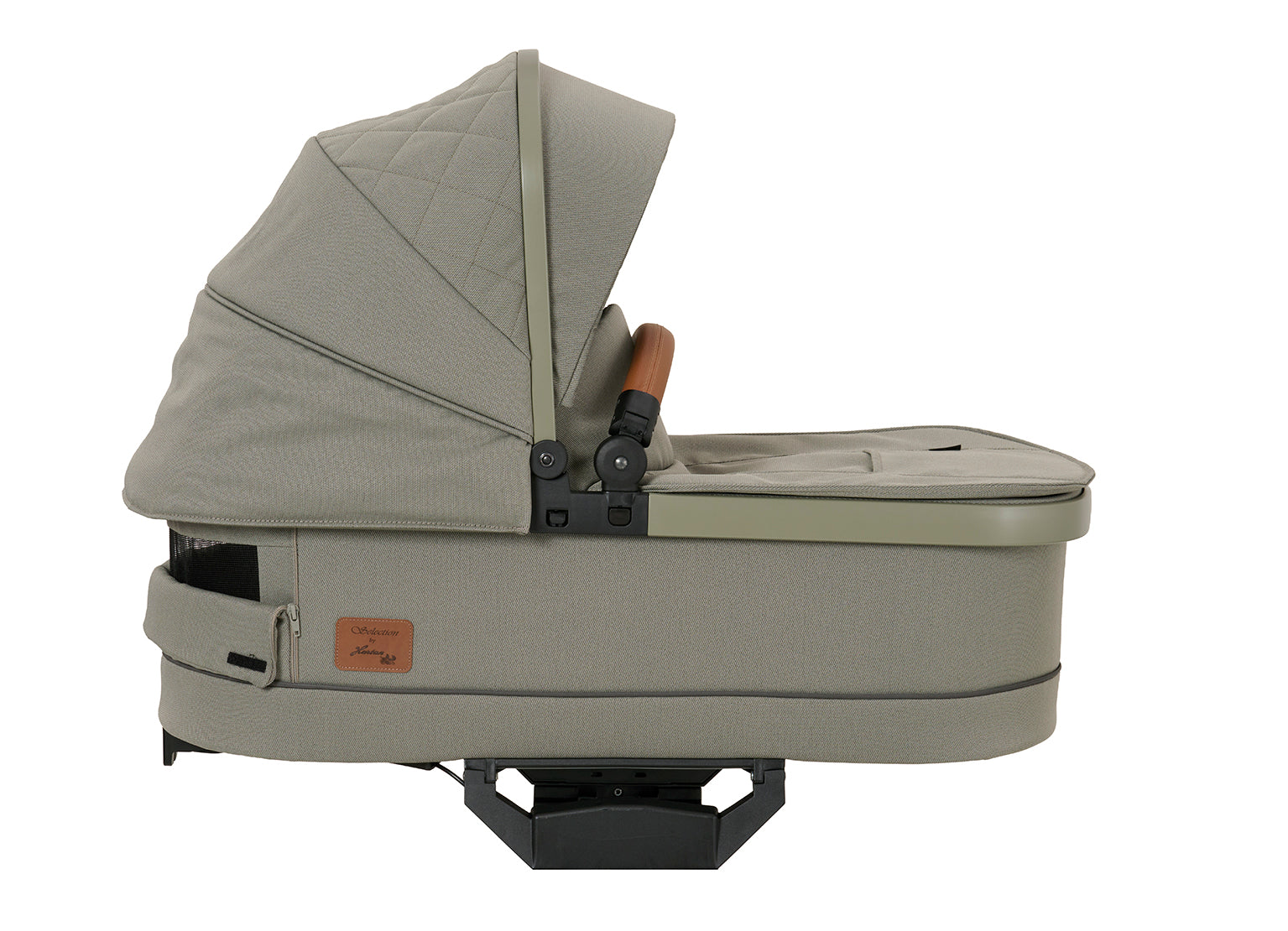 Falttasche 608 / Pistachio mit braunen Tragegriff aus Leder und großem halb heruntergeklappten Verdeck.
Halb geöffnetes Sichtfenster .
Seitenansicht
