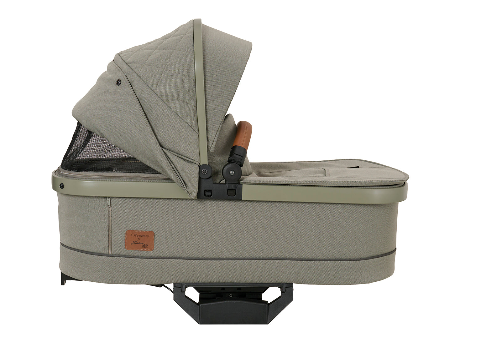 Falttasche 608 / Pistachio mit braunen Tragegriff aus Leder und großem halb heruntergeklappten Verdeck.
Geöffnete Klimazone im Verdeck.
Seitenansicht
