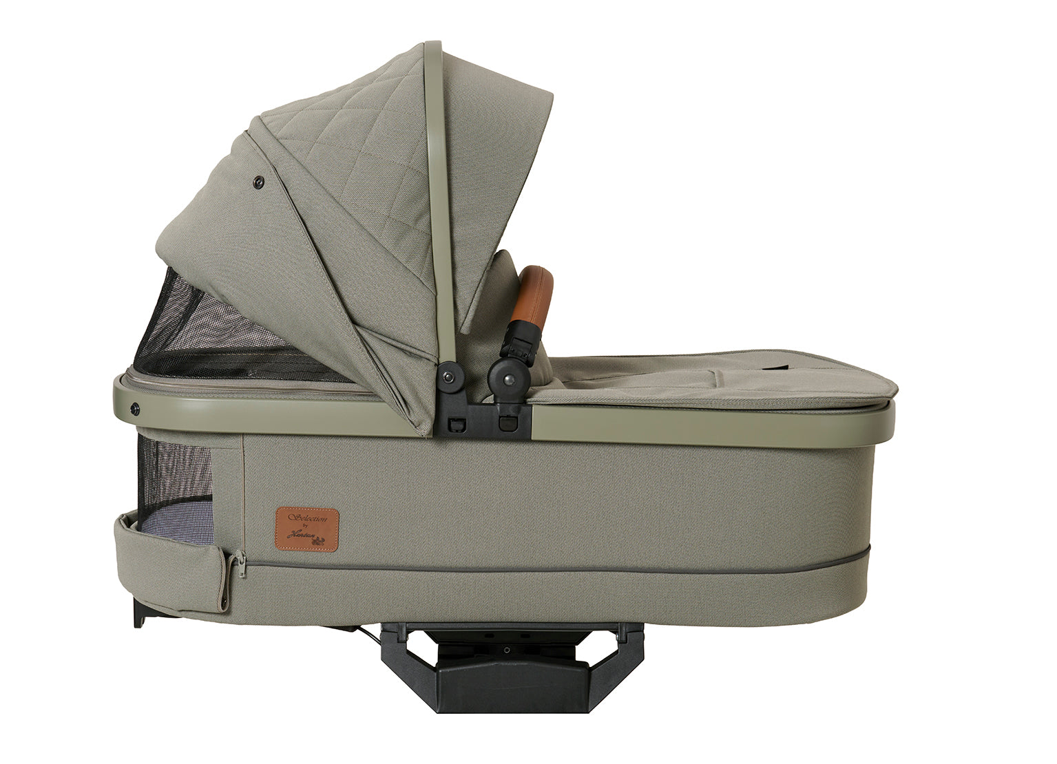 Premium Falttasche 608 / Pistachio mit Tragegriff aus braunem Leder.
Verdeck halb ausgeklappt.
Geöffnete Klimazone im Verdeck.
Ganz geöffnetes Sichtfenster.
Seitenansicht