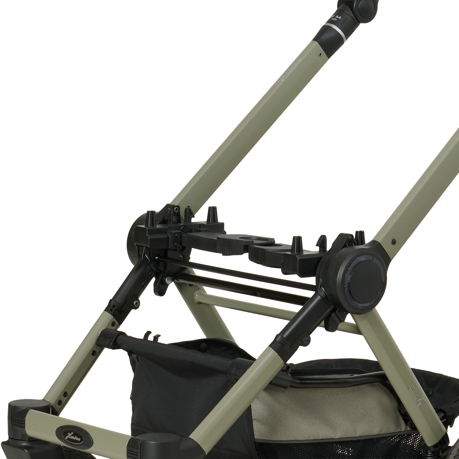 Adapter 9912 am Kinderwagengestell.
Adapter nach unten geklappt.
Schräge Vorderansicht.