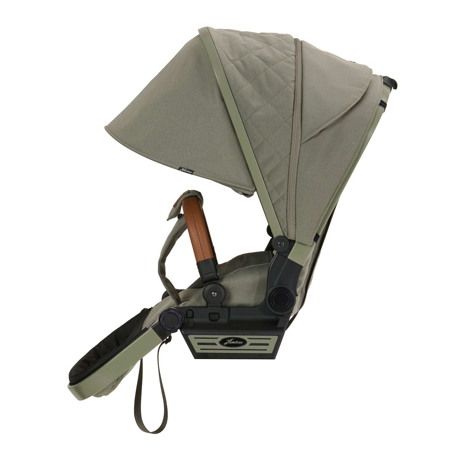 Sunline Plus Sonnenschutz 608 / Pistachio für Kinderwagen.
Verstaut am Sportwagen mit halb ausgeklappten Verdeck.
Seitenansicht.