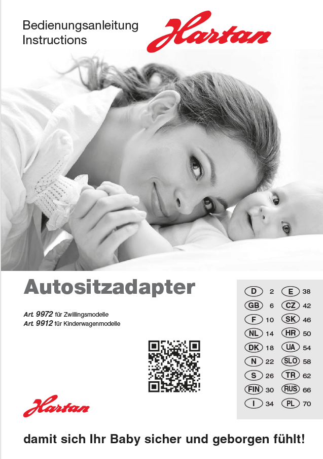 Hartan Autositzadapter Anleitung mit Mutter neben Baby im Bett, QR-Code, Sprachenliste und Slogan für sicheres Babygefühl