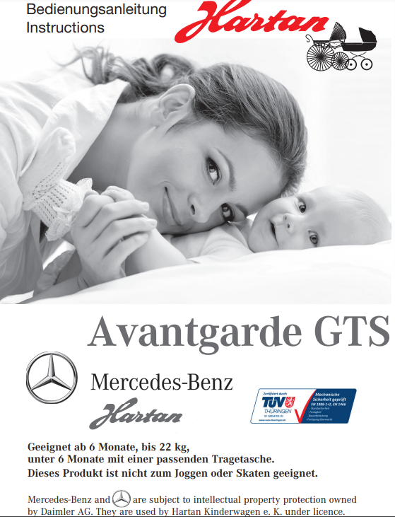 Bedienungsanleitung Kinderwagen Hartan Avantgarde GTS mit Mercedes‑Benz Logo, TÜV Siegel, lächelnde Mutter neben Baby