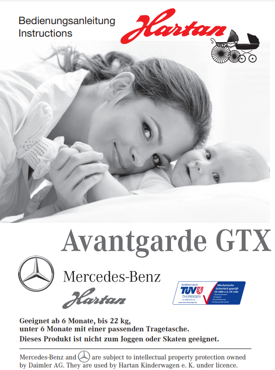 Titelblatt Bedienungsanleitung Hartan Avantgarde GTX mit Mercedes-Benz Logo, TÜV-Siegel, Mutter mit Baby im Bett liegend