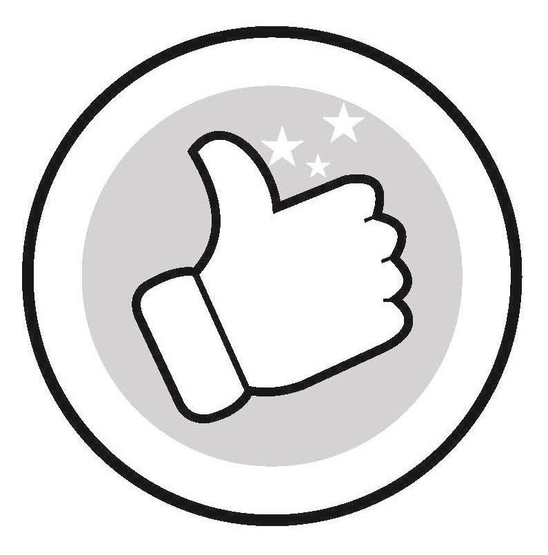 Runder Button mit stilisiertem Daumen hoch Symbol, schwarze Kontur, grauer Kreis innen, drei weiße Sterne über dem Daumen