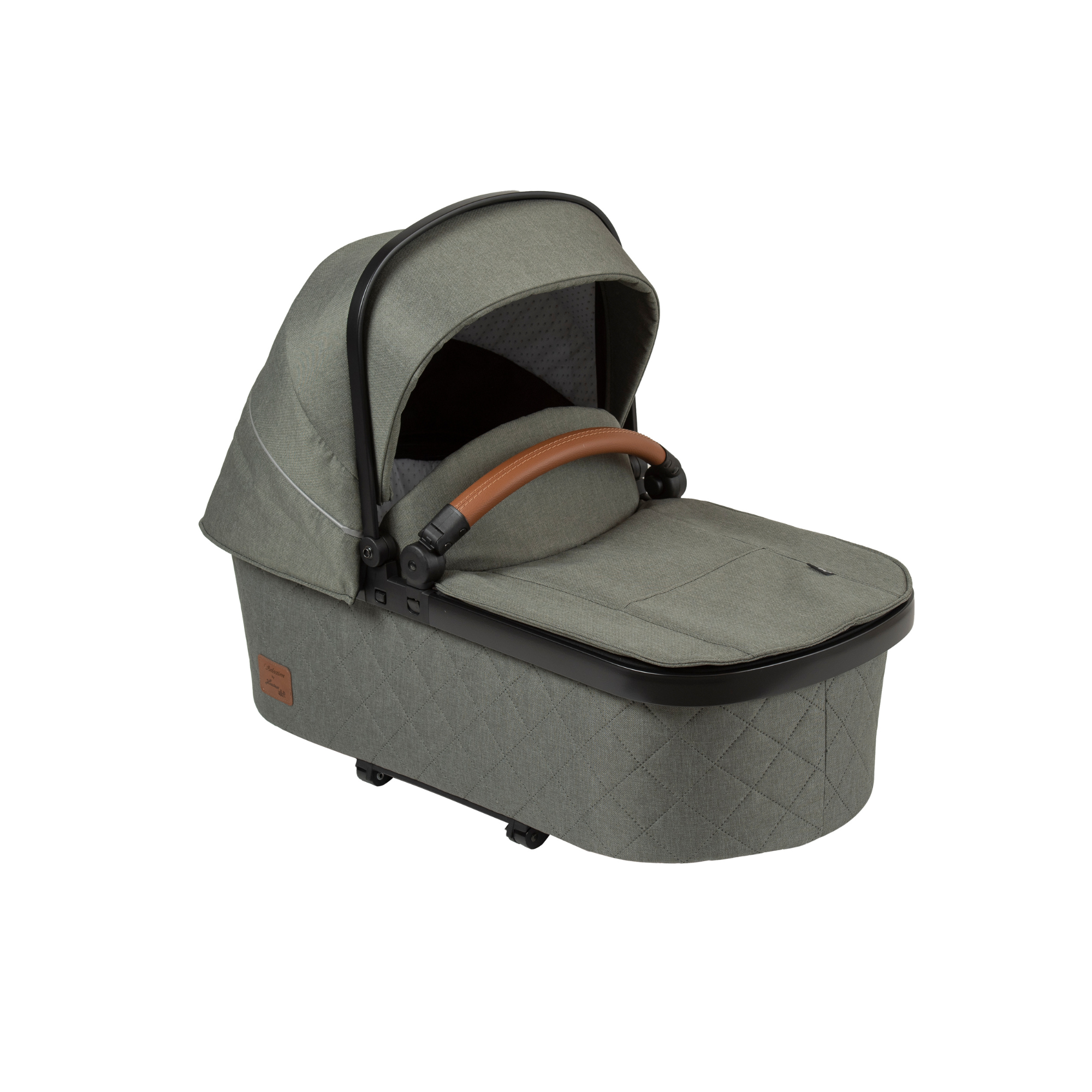 Premium Falttasche / Oliv mit braunem Schutzbügel
Schräge Vorderansicht.