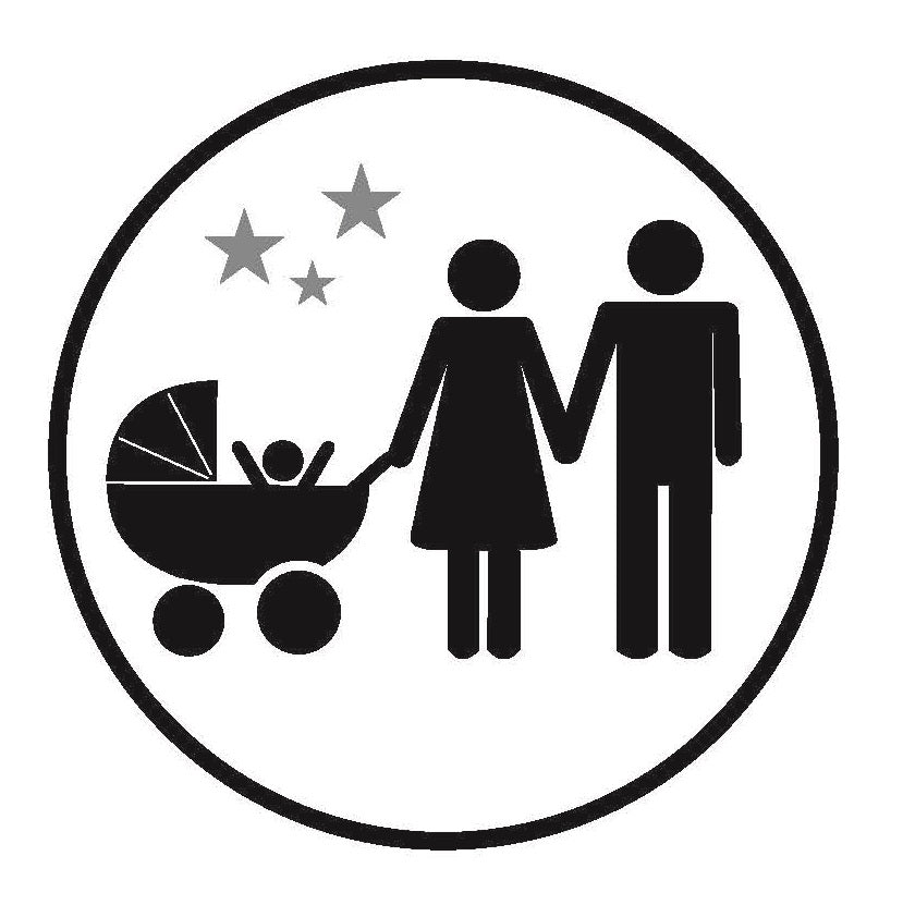 Piktogram Familie mit Kinderwagen, Mutter und Vater halten Händchen, Baby sitzt im Wagen, drei Sterne darüber im Kreis